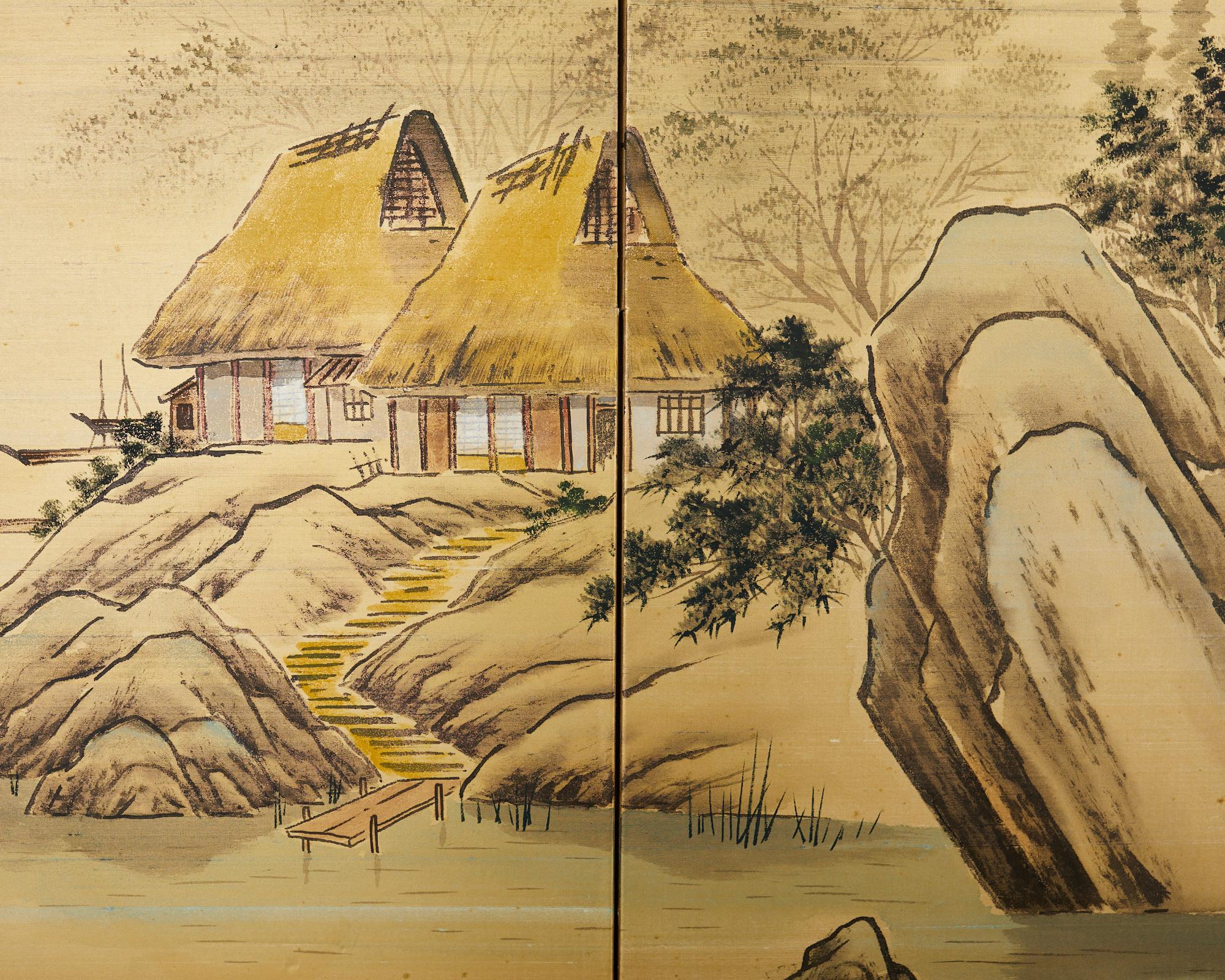 Japanische Showa-Raumteiler mit vier Tafeln, rustikales Dorf am See im Angebot 2