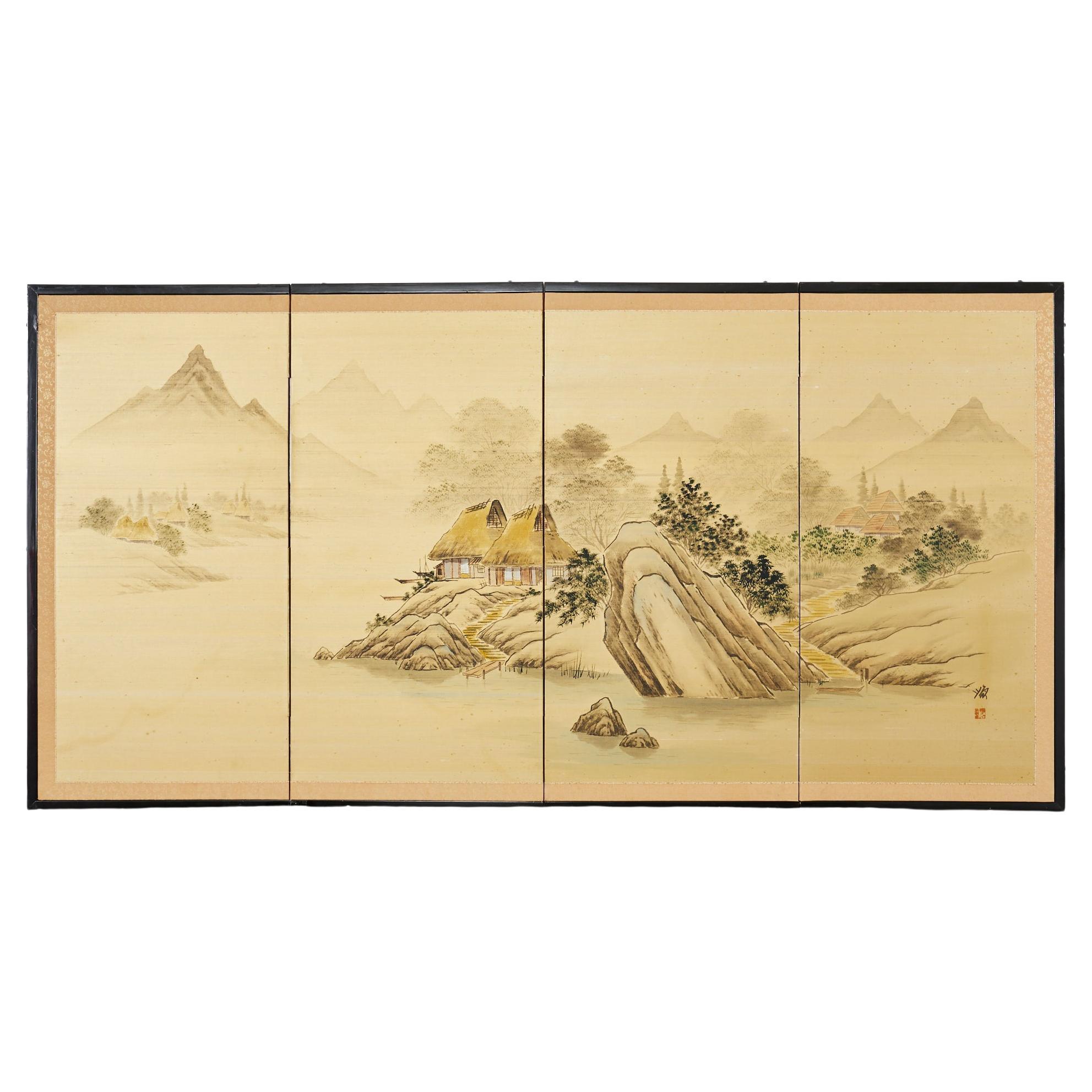 Japanese Showa Four Panel Screen Rustic Lakeside Village