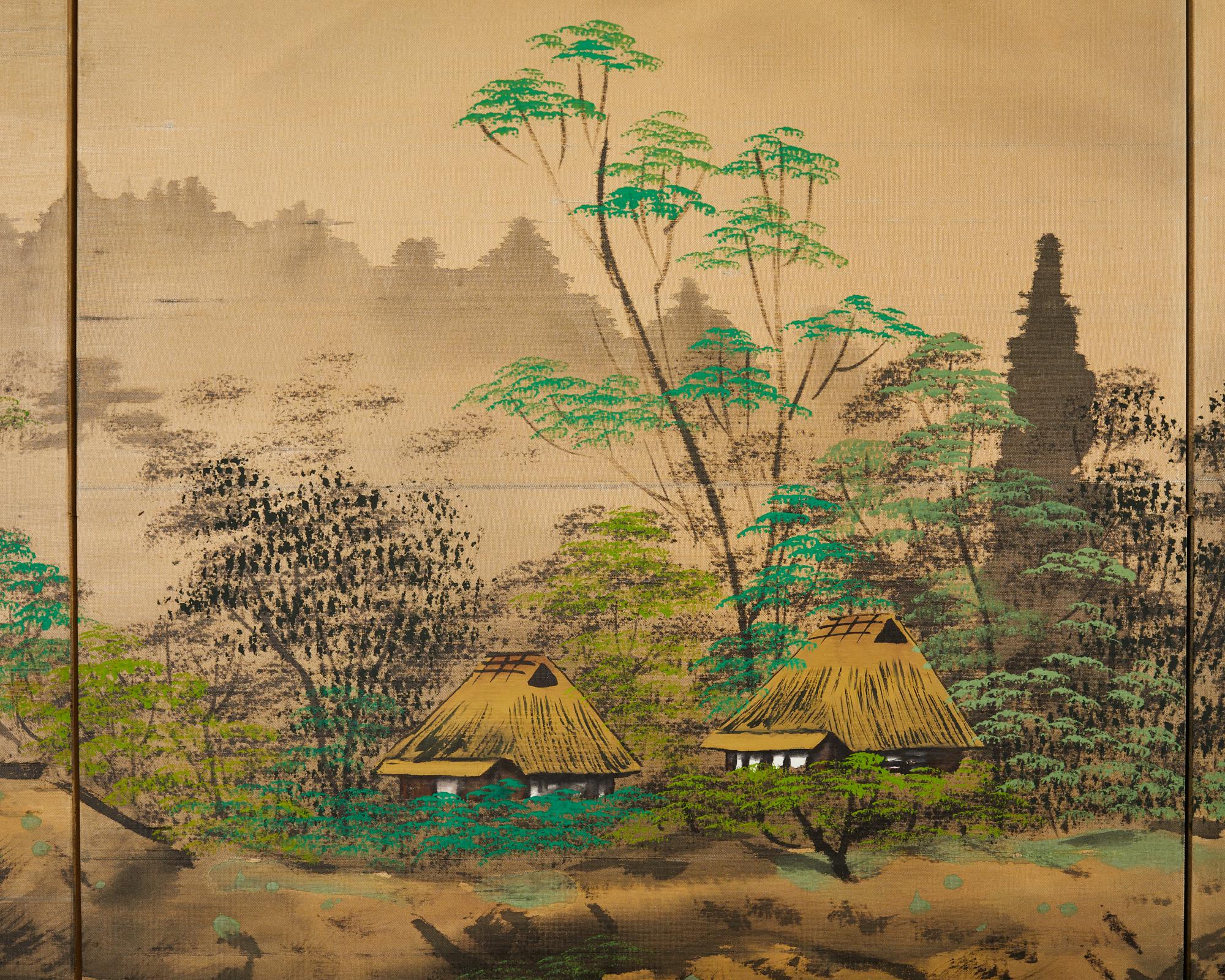 Japanese Showa Four Panel Screen Serene Solitary Boatman Landscape For Sale 3