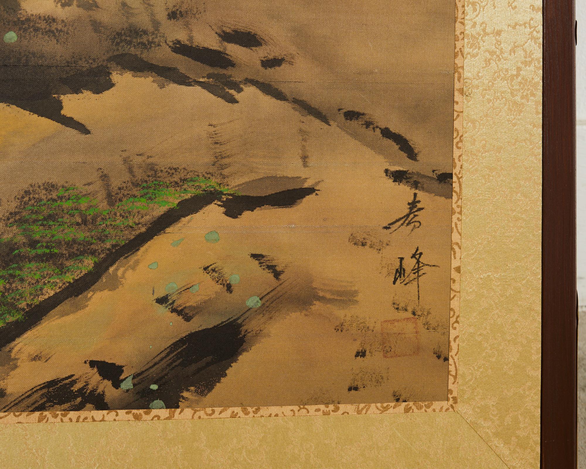 Japanese Showa Four Panel Screen Serene Solitary Boatman Landscape For Sale 4