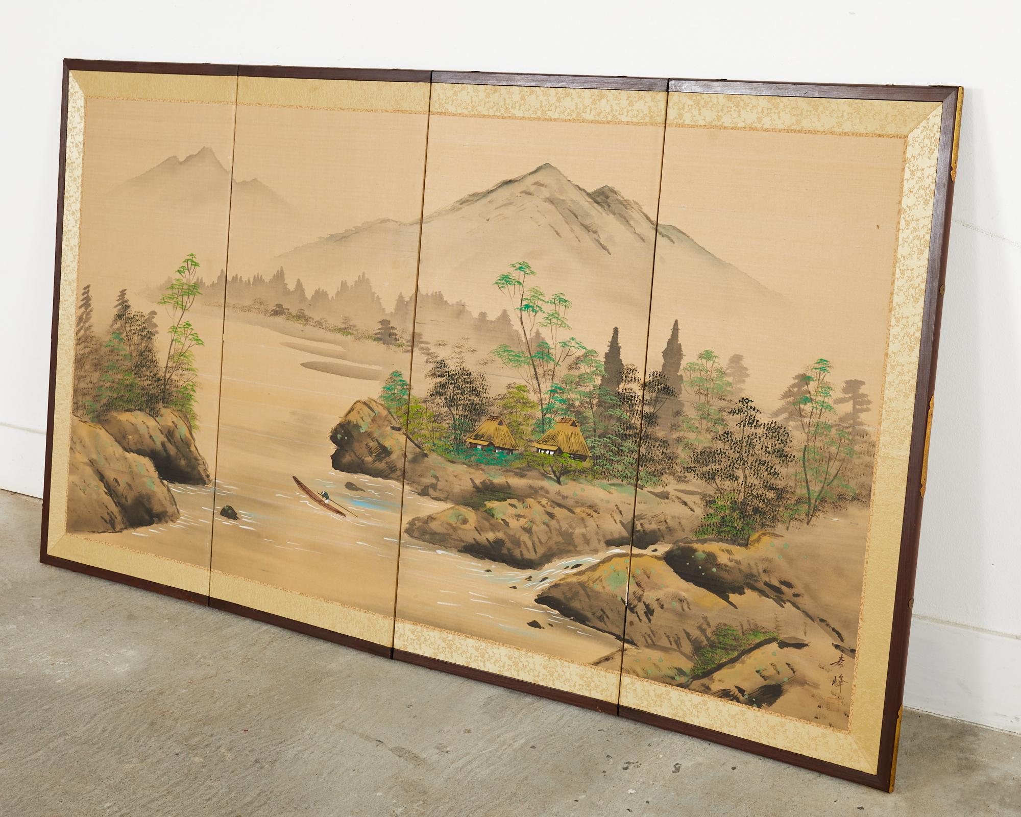 Japanese Showa Four Panel Screen Serene Solitary Boatman Landscape For Sale 6
