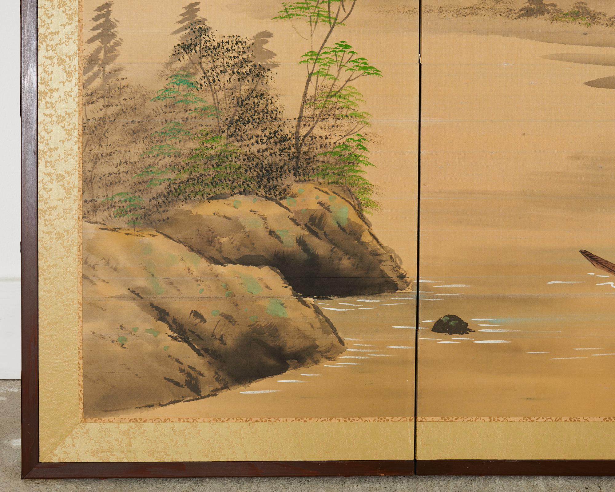 Japanese Showa Four Panel Screen Serene Solitary Boatman Landscape For Sale 7