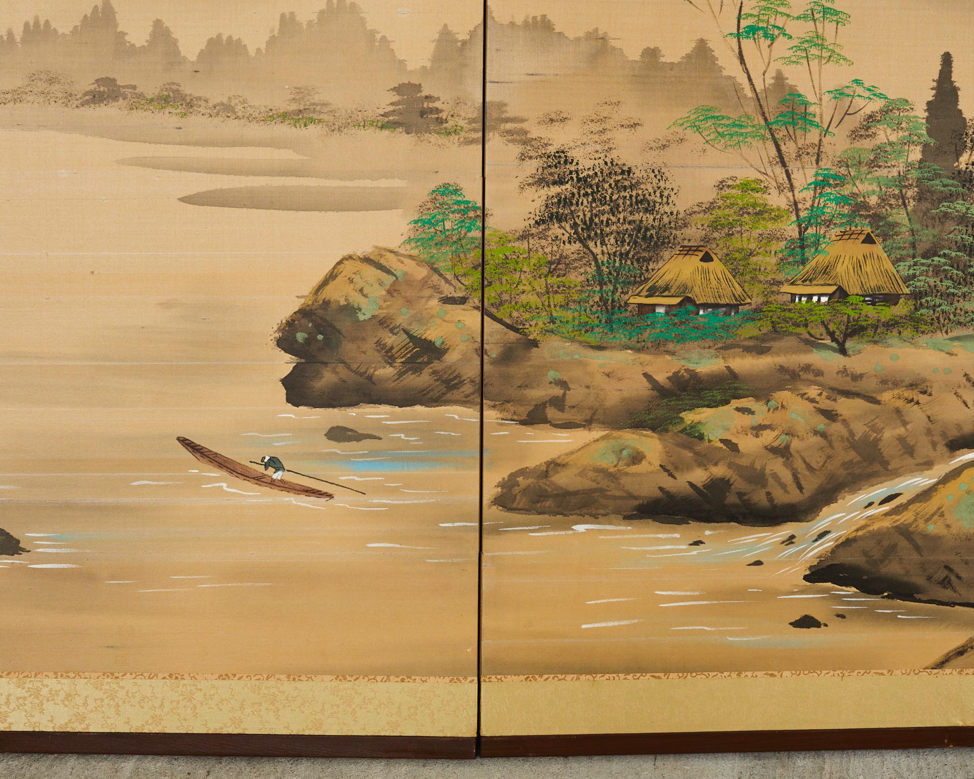 Affiche japonaise Showa à quatre panneaux, paysage solitaire de bateaux en vente 8