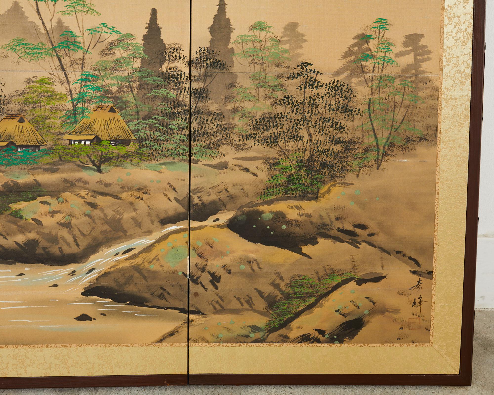 Japanese Showa Four Panel Screen Serene Solitary Boatman Landscape For Sale 9
