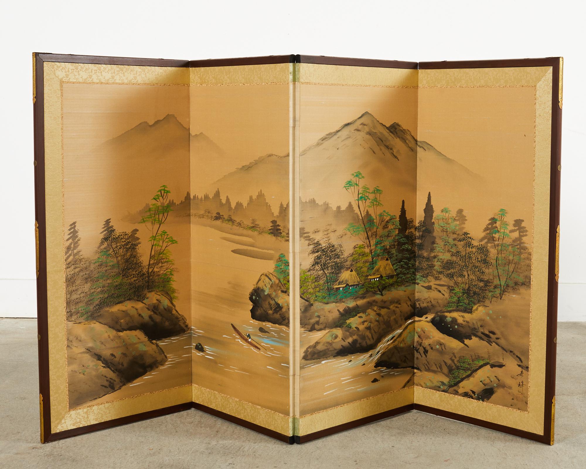 American Japanese Showa Four Panel Screen Serene Solitary Boatman Landscape For Sale