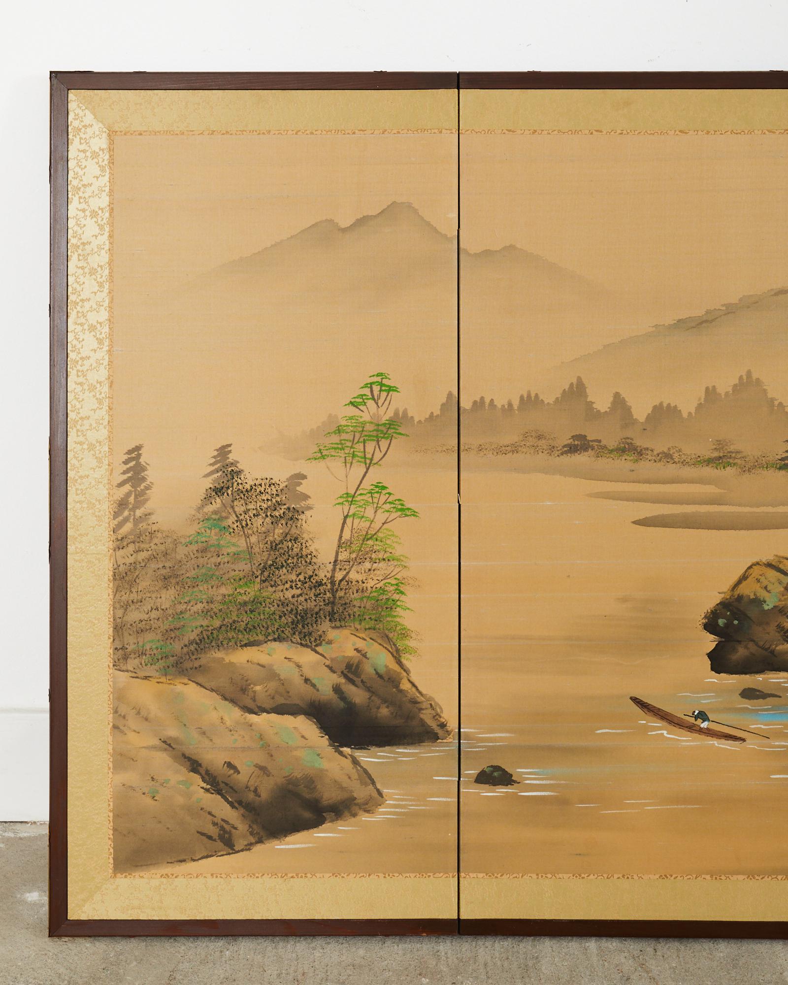 Hand-Crafted Japanese Showa Four Panel Screen Serene Solitary Boatman Landscape For Sale