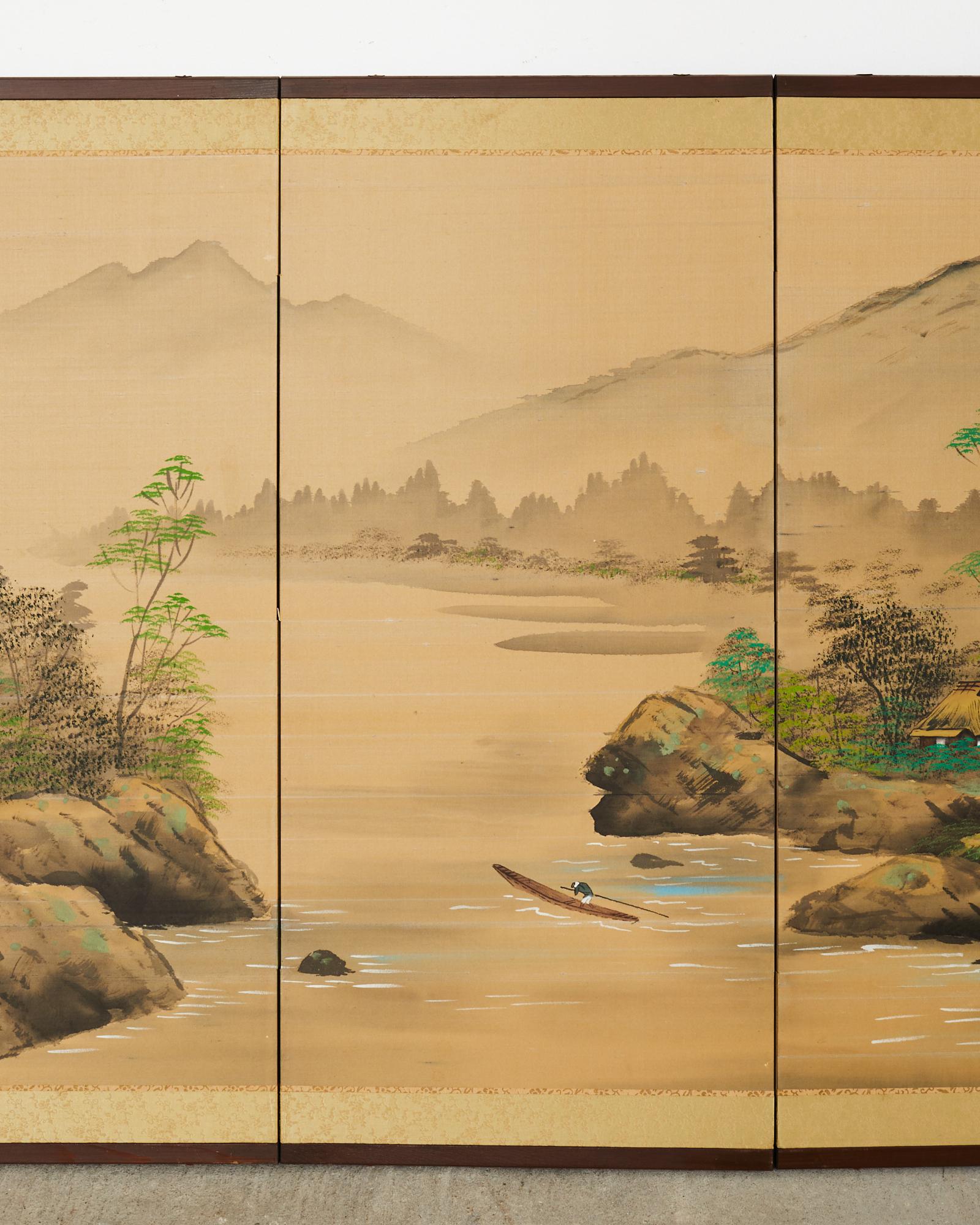 Japanese Showa Four Panel Screen Serene Solitary Boatman Landscape In Good Condition For Sale In Rio Vista, CA