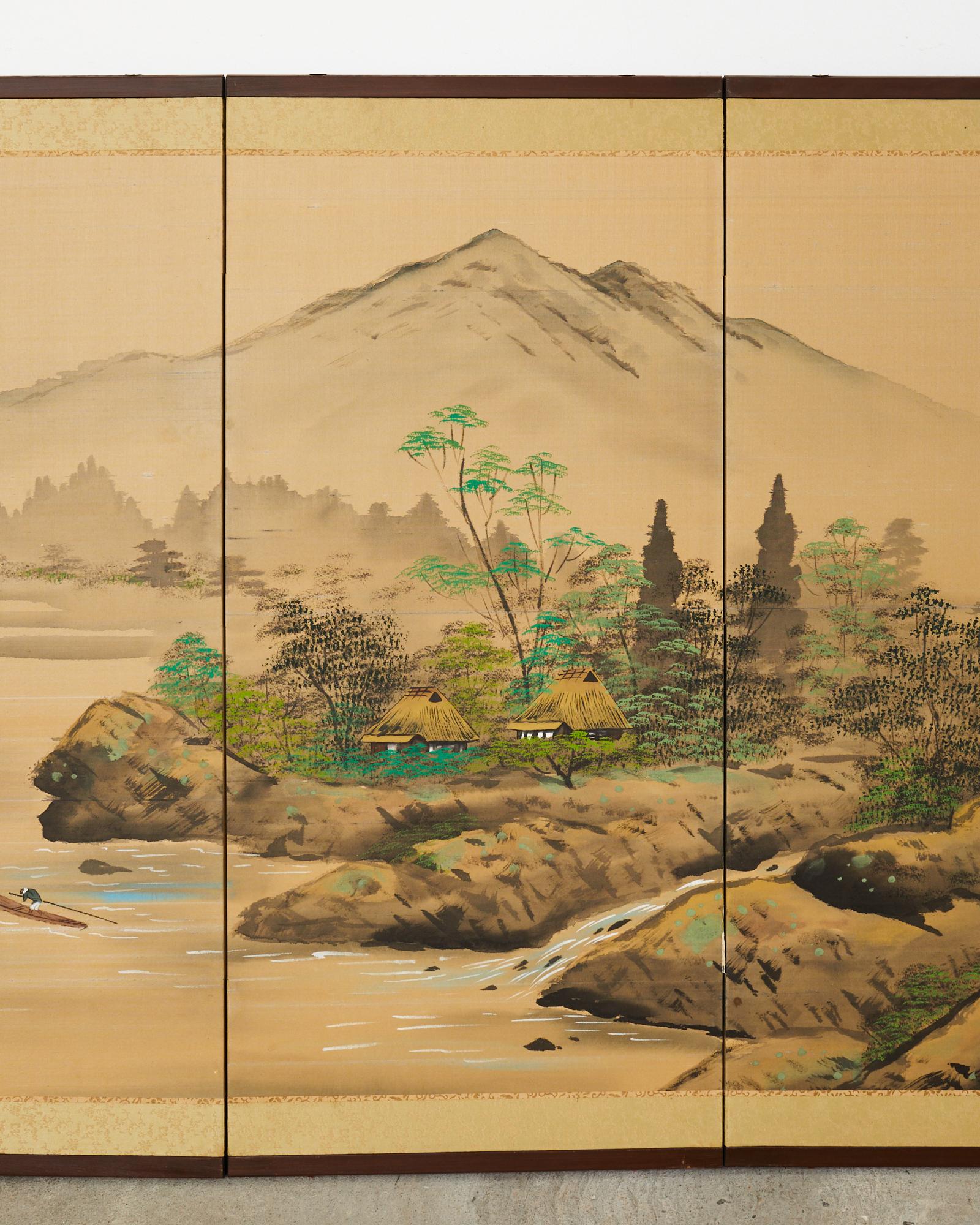 20th Century Japanese Showa Four Panel Screen Serene Solitary Boatman Landscape For Sale