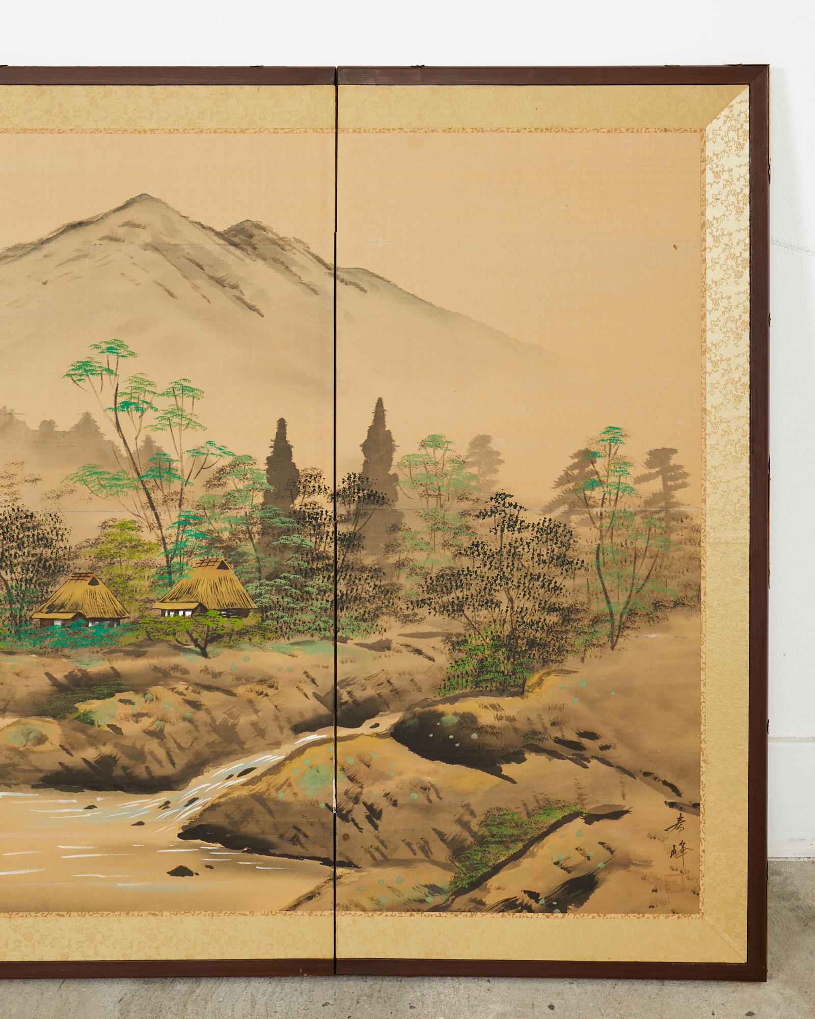 Brass Japanese Showa Four Panel Screen Serene Solitary Boatman Landscape For Sale