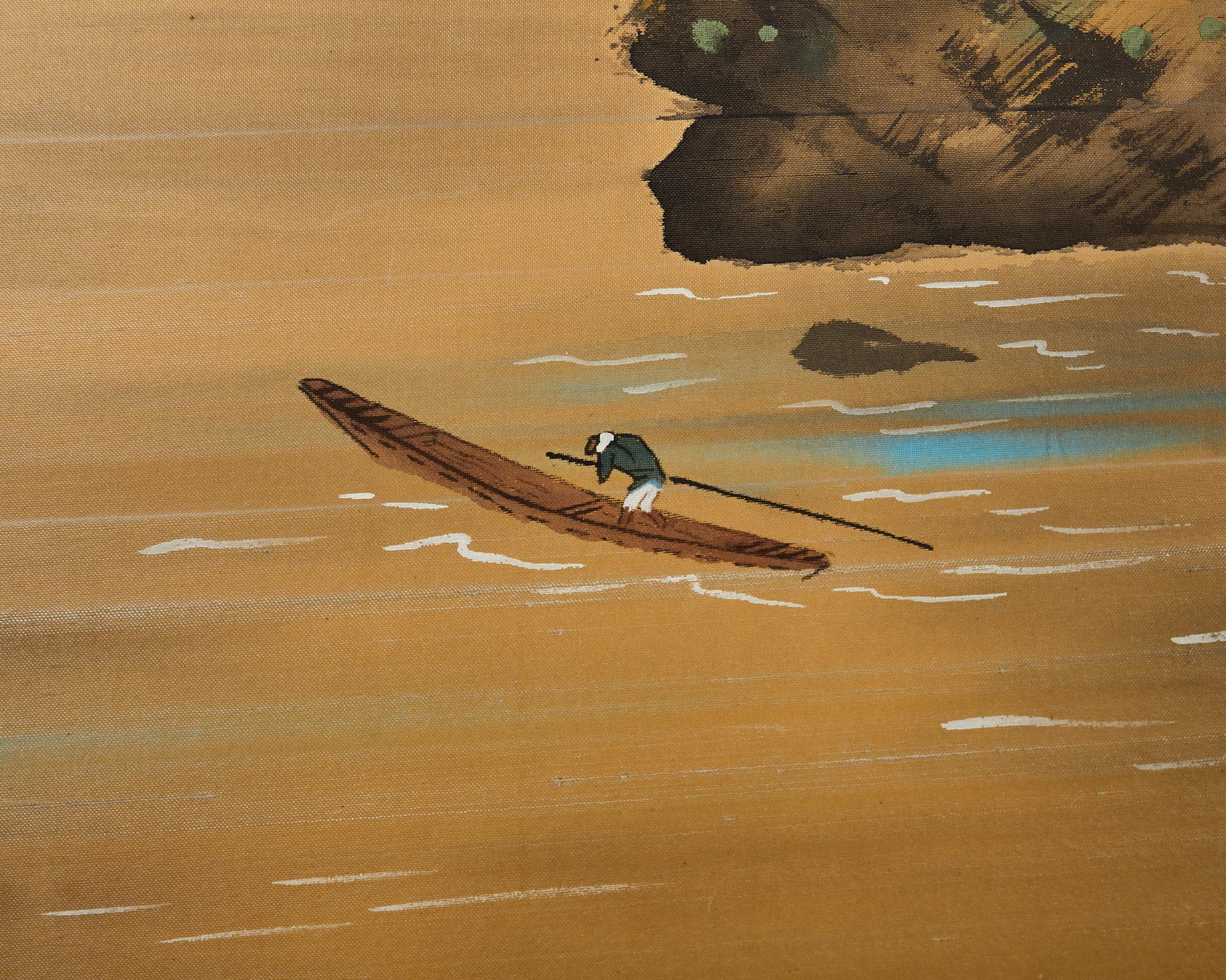 Japanese Showa Four Panel Screen Serene Solitary Boatman Landscape For Sale 1