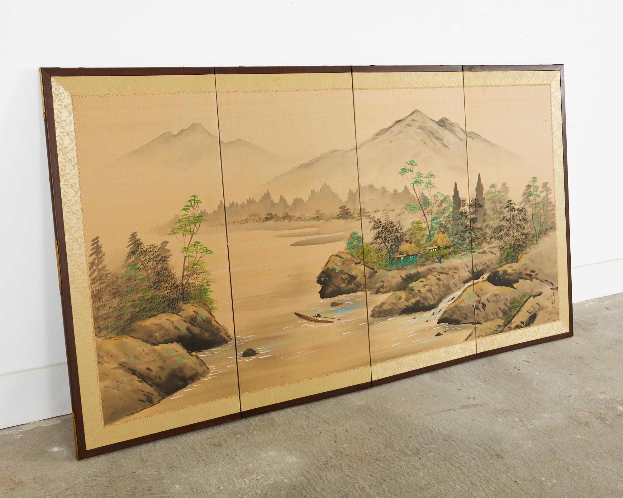 Japanese Showa Four Panel Screen Serene Solitary Boatman Landscape For Sale 2