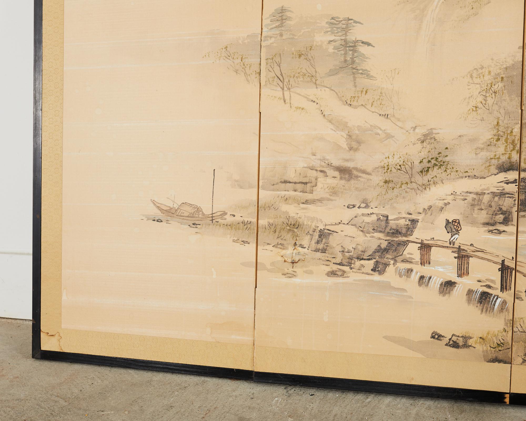 Japanese Showa Four Panel Screen Serene Village Landscape For Sale 8