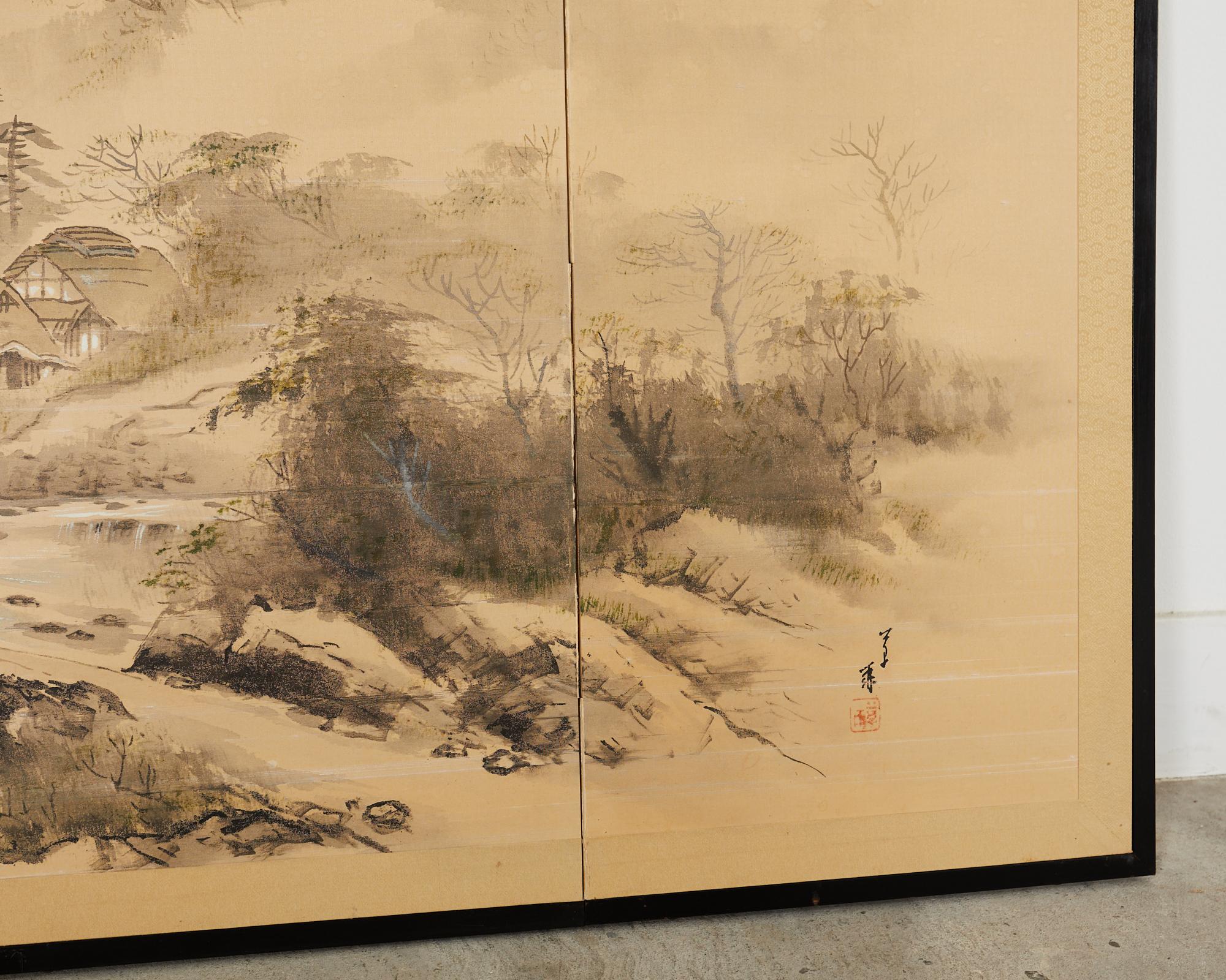 Japanese Showa Four Panel Screen Serene Village Landscape For Sale 9