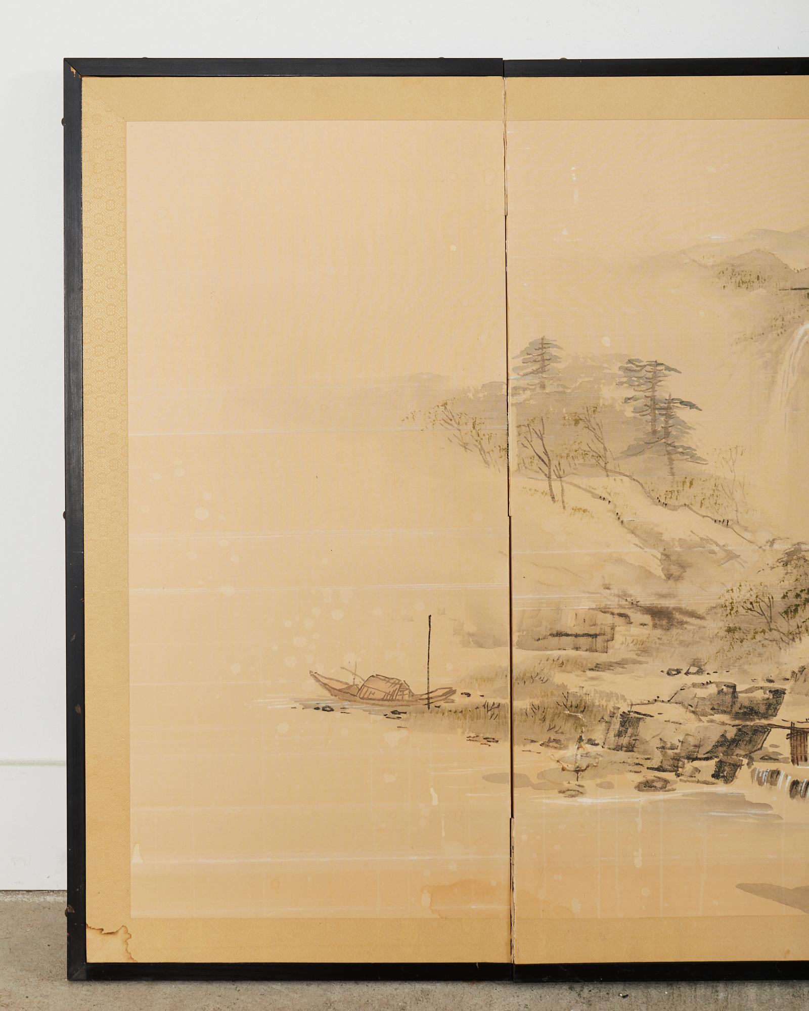 Hand-Crafted Japanese Showa Four Panel Screen Serene Village Landscape For Sale