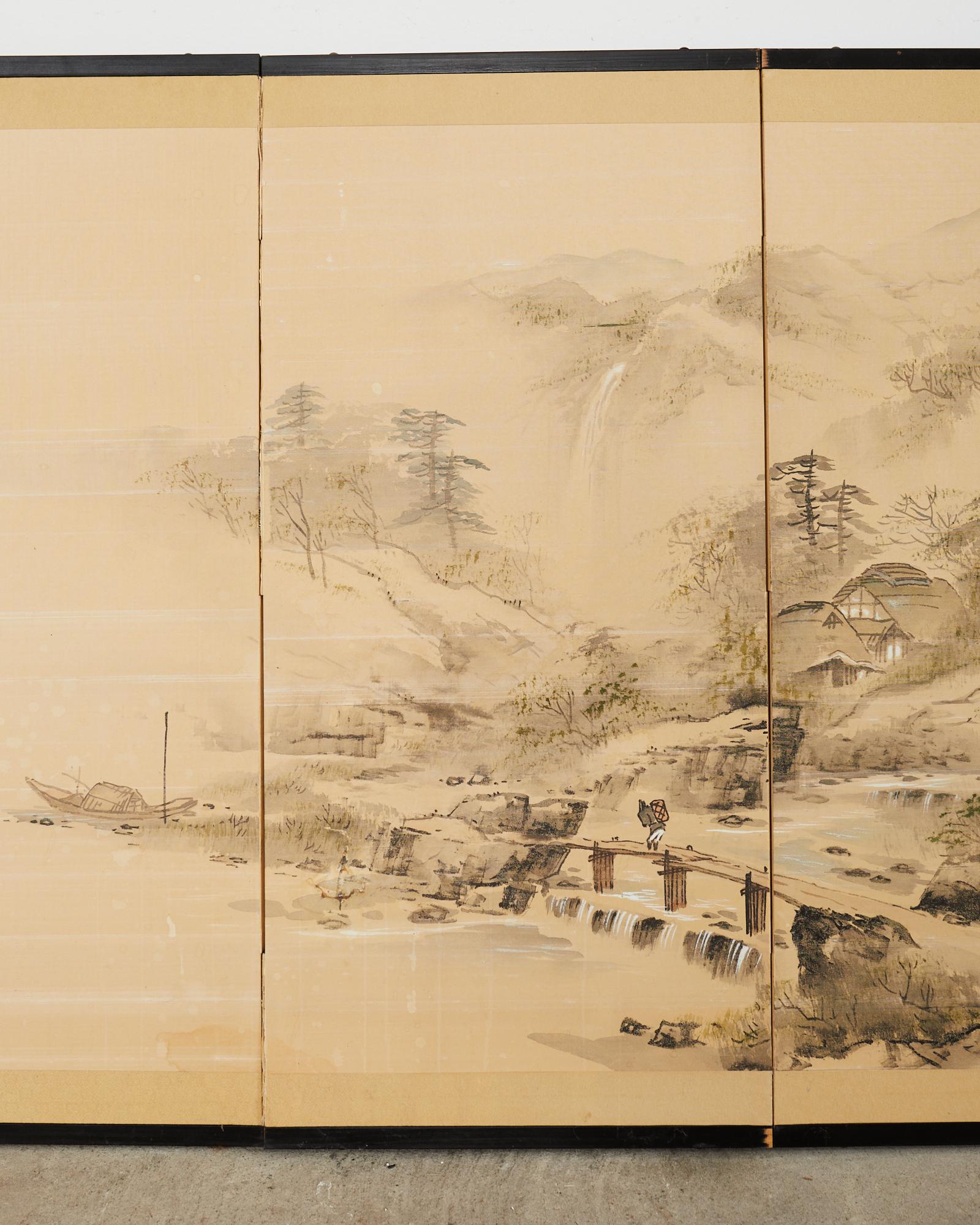 Japanese Showa Four Panel Screen Serene Village Landscape In Good Condition For Sale In Rio Vista, CA
