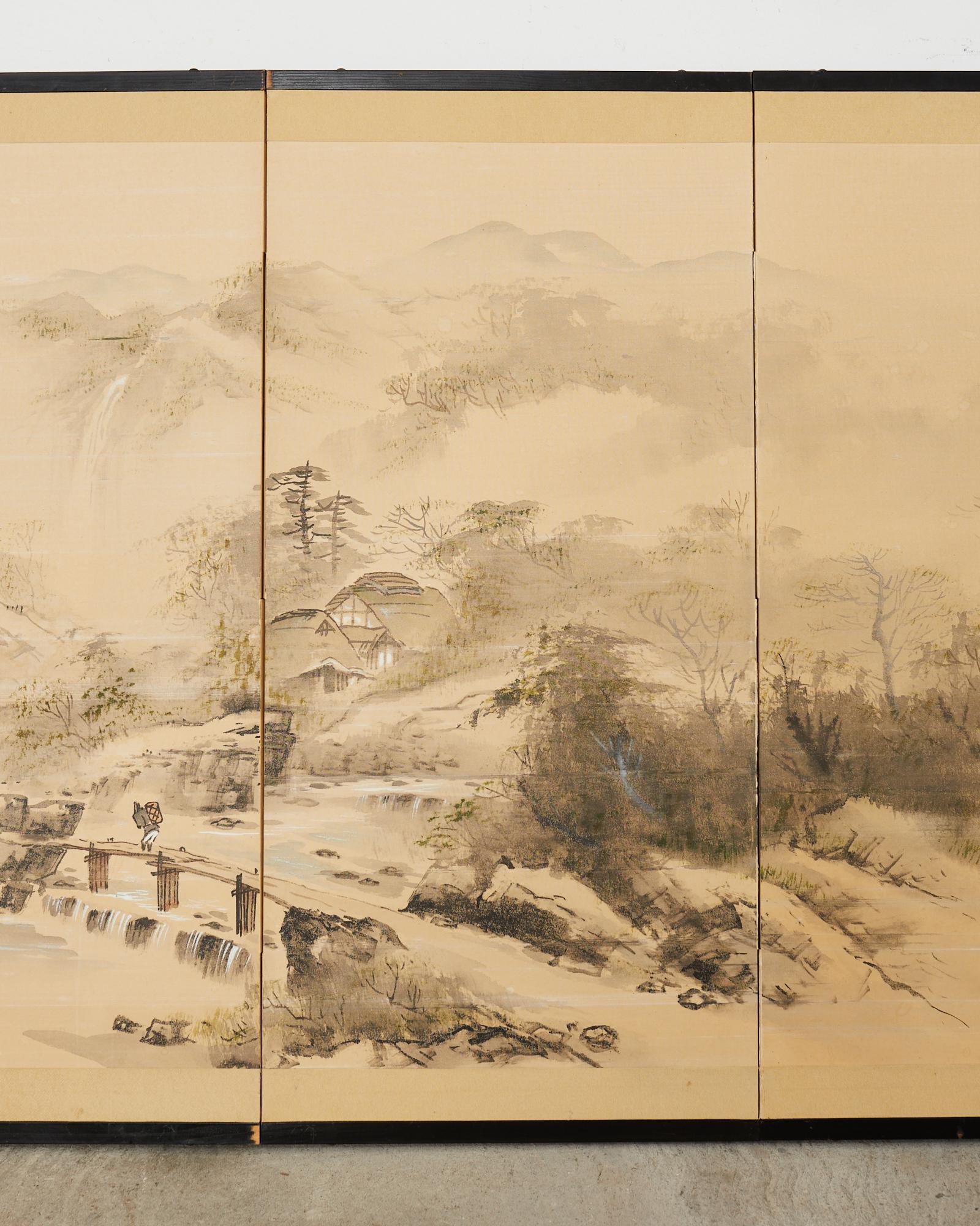 20th Century Japanese Showa Four Panel Screen Serene Village Landscape For Sale