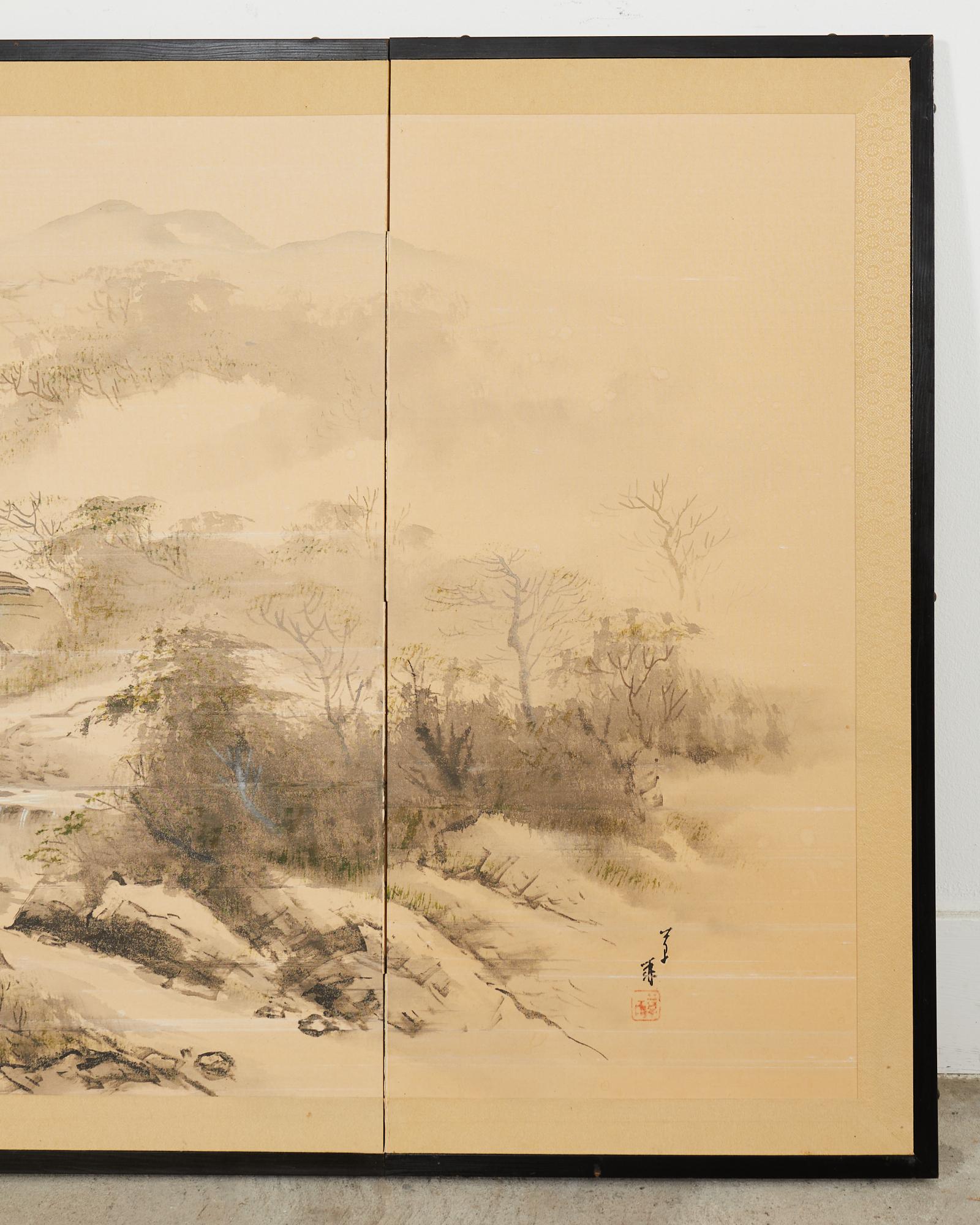 Silk Japanese Showa Four Panel Screen Serene Village Landscape For Sale