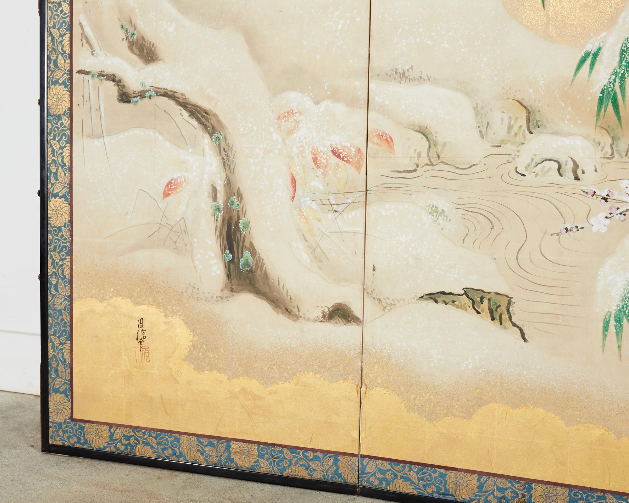 Japanese Showa Four Panel Screen Snowy Winter Landscape For Sale 6