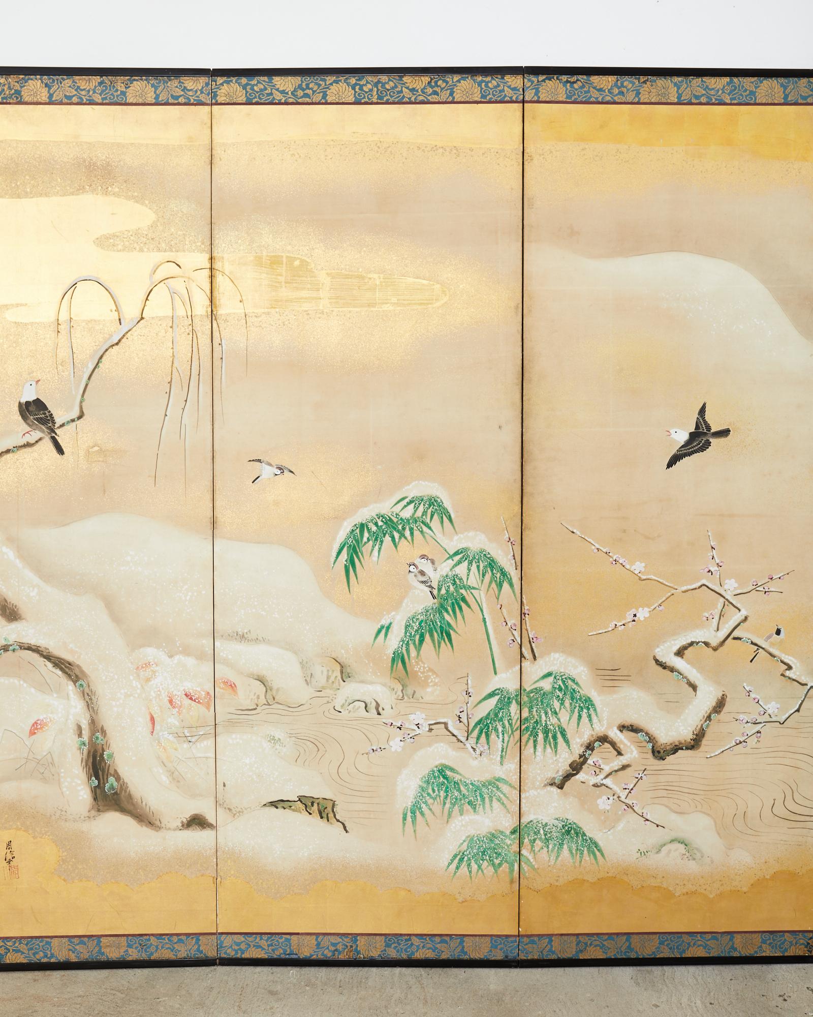 Japanese Showa Four Panel Screen Snowy Winter Landscape In Good Condition For Sale In Rio Vista, CA