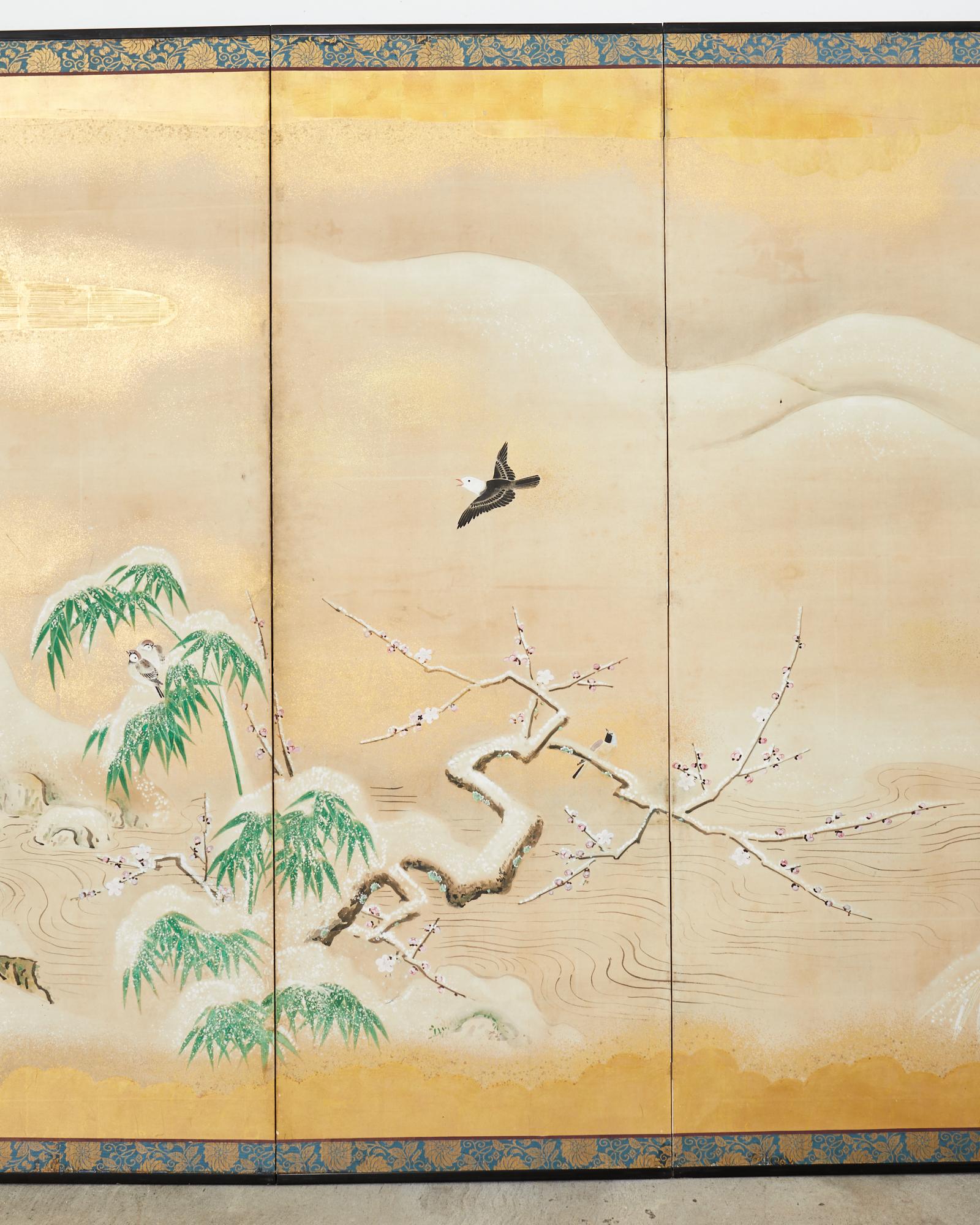 20th Century Japanese Showa Four Panel Screen Snowy Winter Landscape For Sale