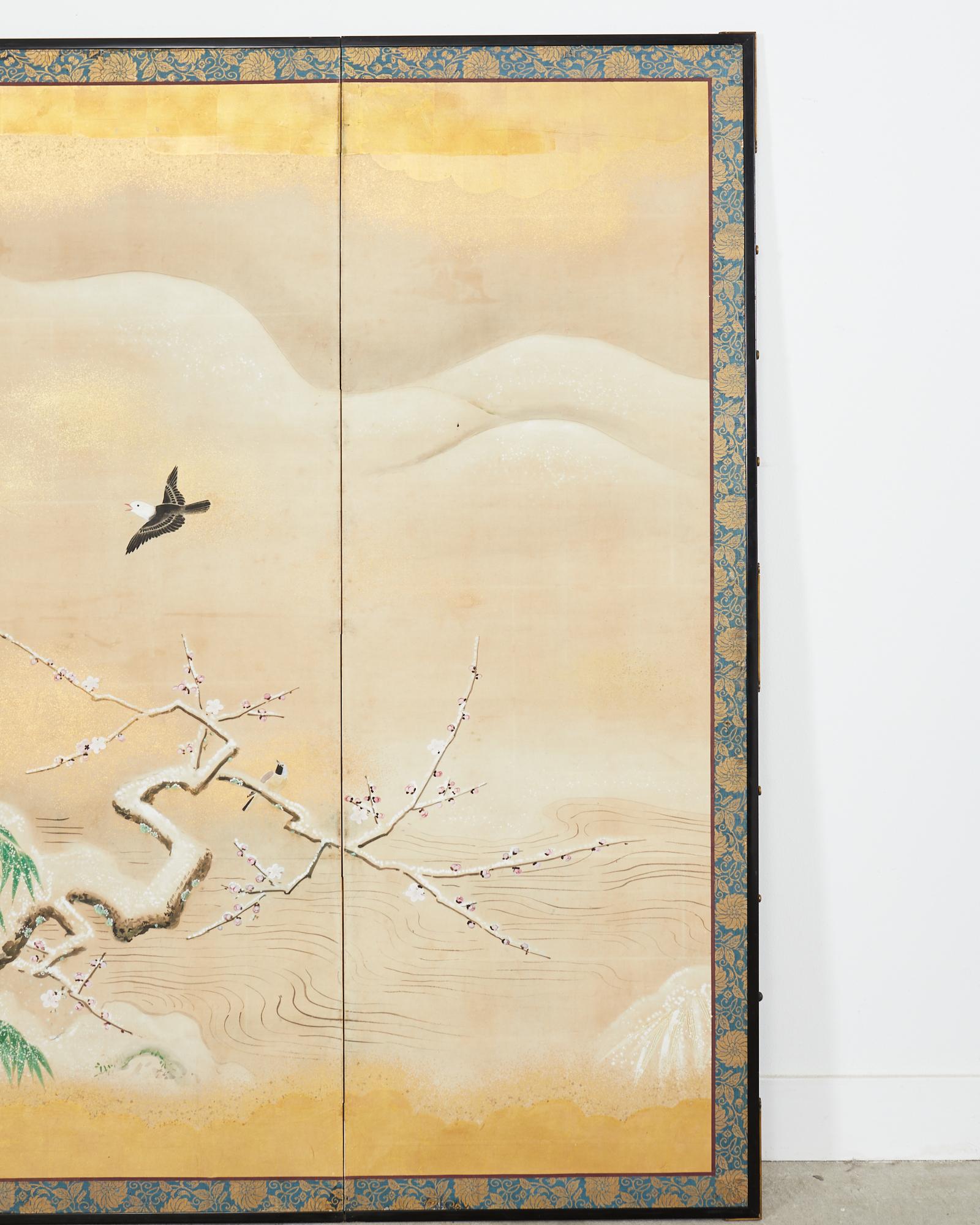 Brass Japanese Showa Four Panel Screen Snowy Winter Landscape For Sale