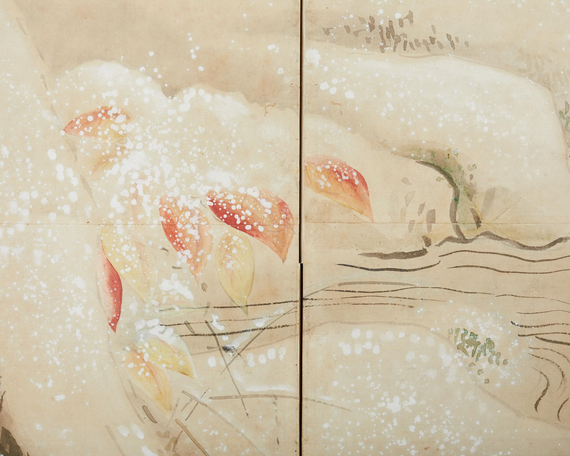 Japanese Showa Four Panel Screen Snowy Winter Landscape For Sale 3