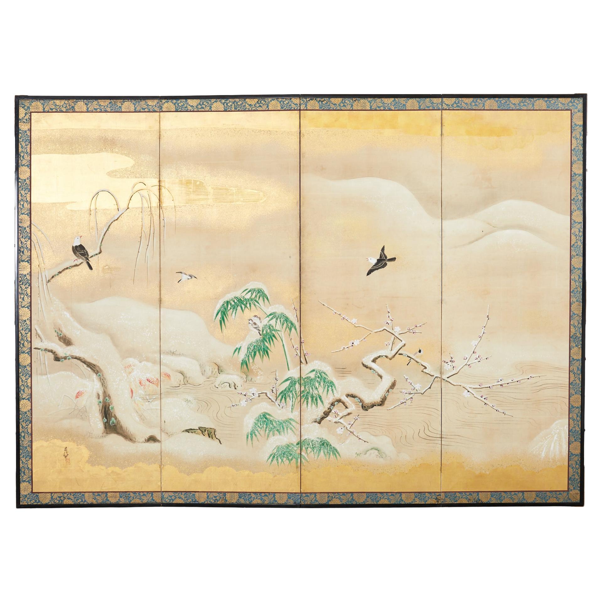 Japanese Showa Four Panel Screen Snowy Winter Landscape For Sale