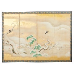 Antique Japanese Showa Four Panel Screen Snowy Winter Landscape