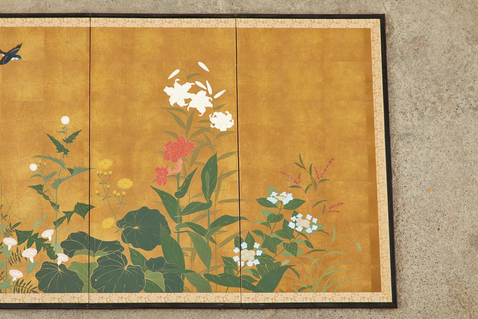 Hand-Crafted Japanese Showa Four Panel Screen Songbird Spring Flowers