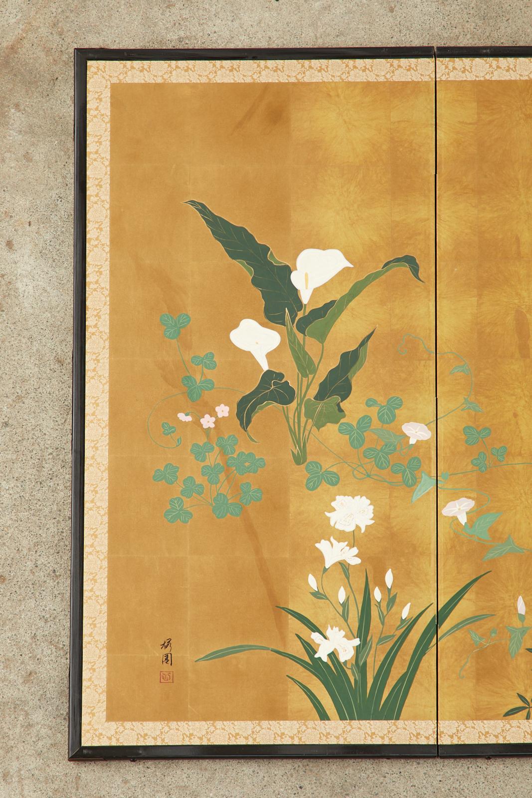 Japanese Showa Four Panel Screen Songbird Spring Flowers In Good Condition In Rio Vista, CA