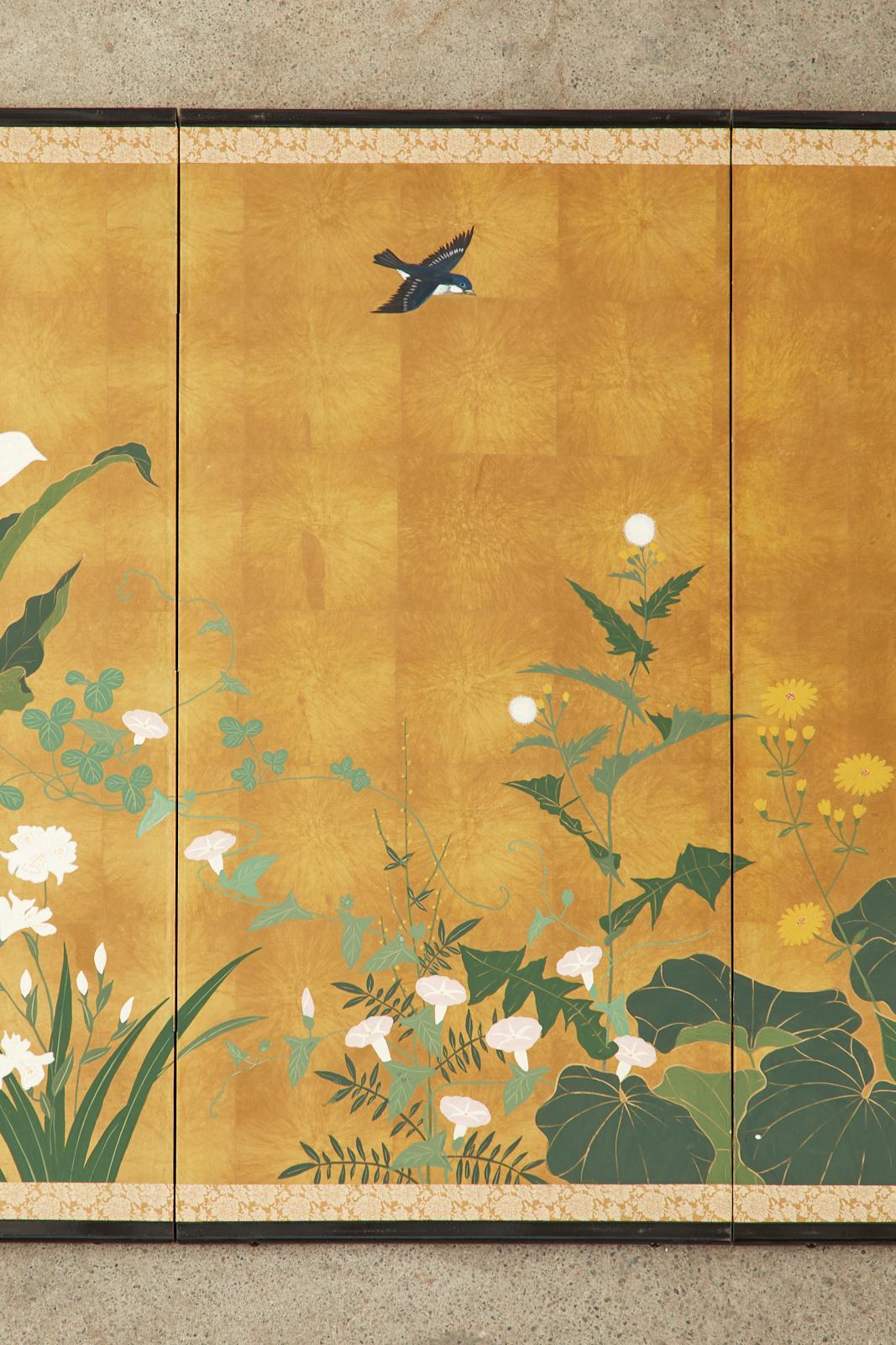 20th Century Japanese Showa Four Panel Screen Songbird Spring Flowers