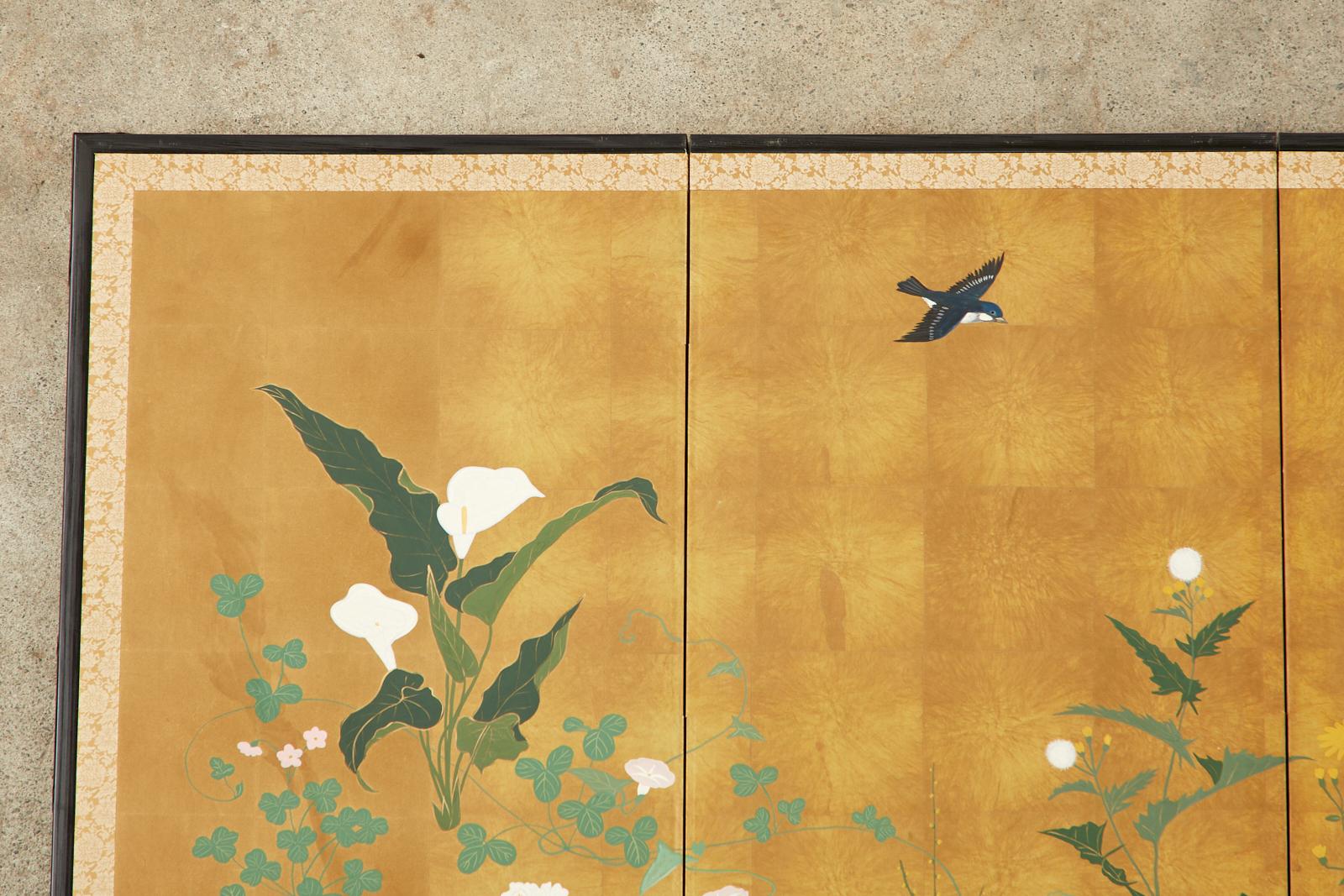 Japanese Showa Four Panel Screen Songbird Spring Flowers 2