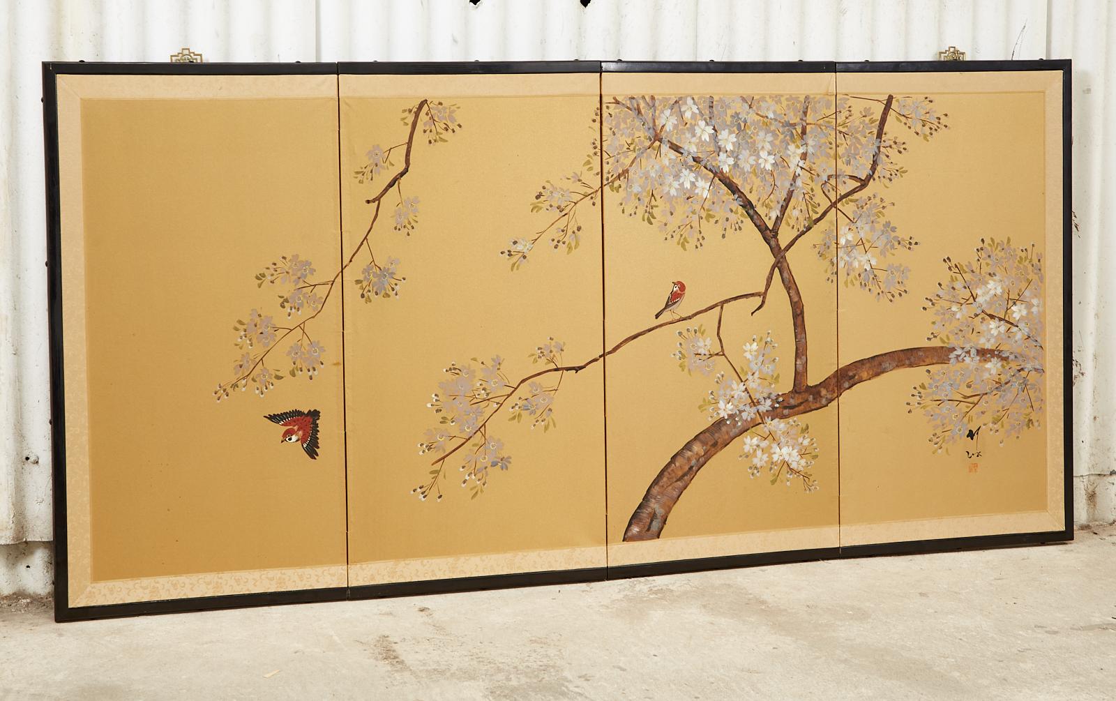 Hand-Crafted Japanese Showa Four Panel Screen Songbirds in Cherry Blossoms