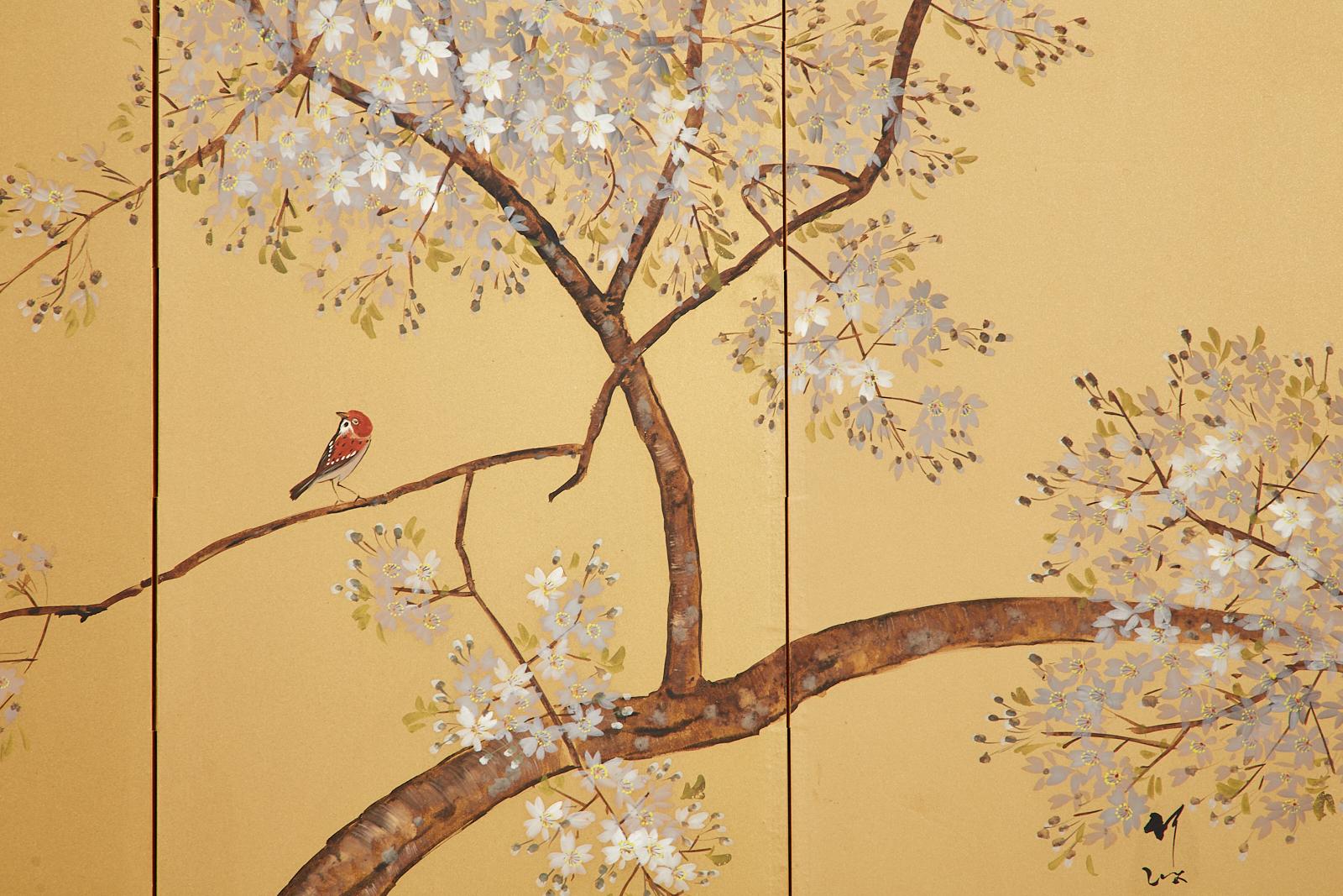 Japanese Showa Four Panel Screen Songbirds in Cherry Blossoms In Good Condition In Rio Vista, CA