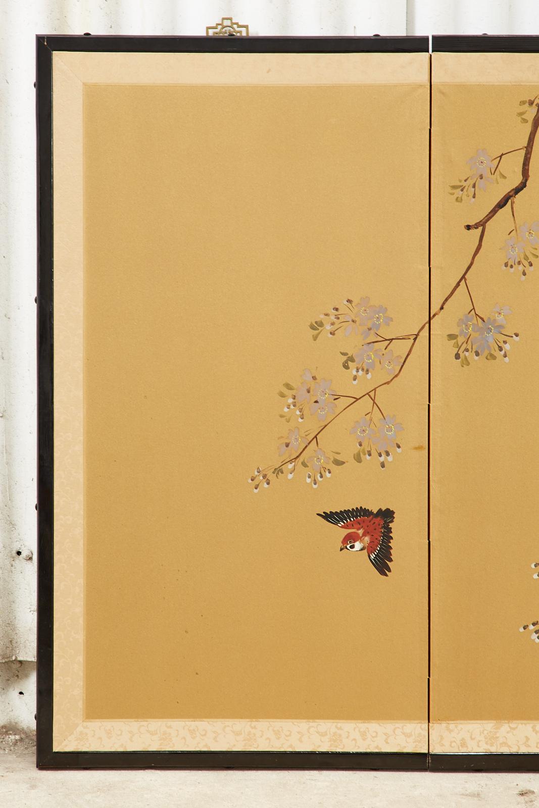 20th Century Japanese Showa Four Panel Screen Songbirds in Cherry Blossoms