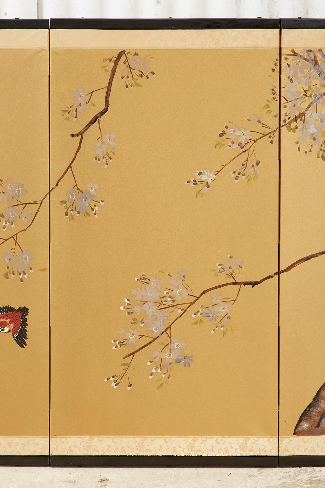 Brass Japanese Showa Four Panel Screen Songbirds in Cherry Blossoms