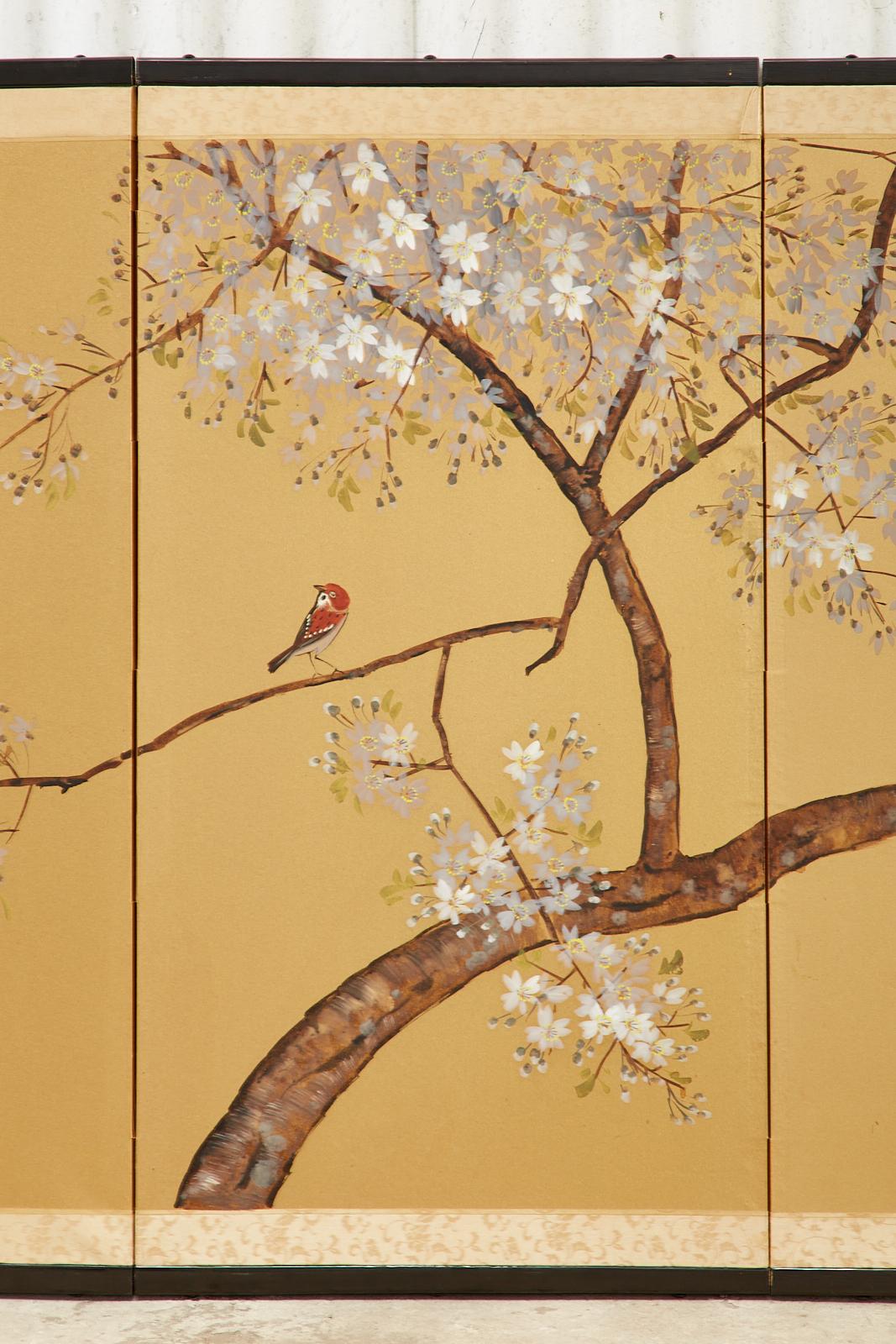 Japanese Showa Four Panel Screen Songbirds in Cherry Blossoms 1