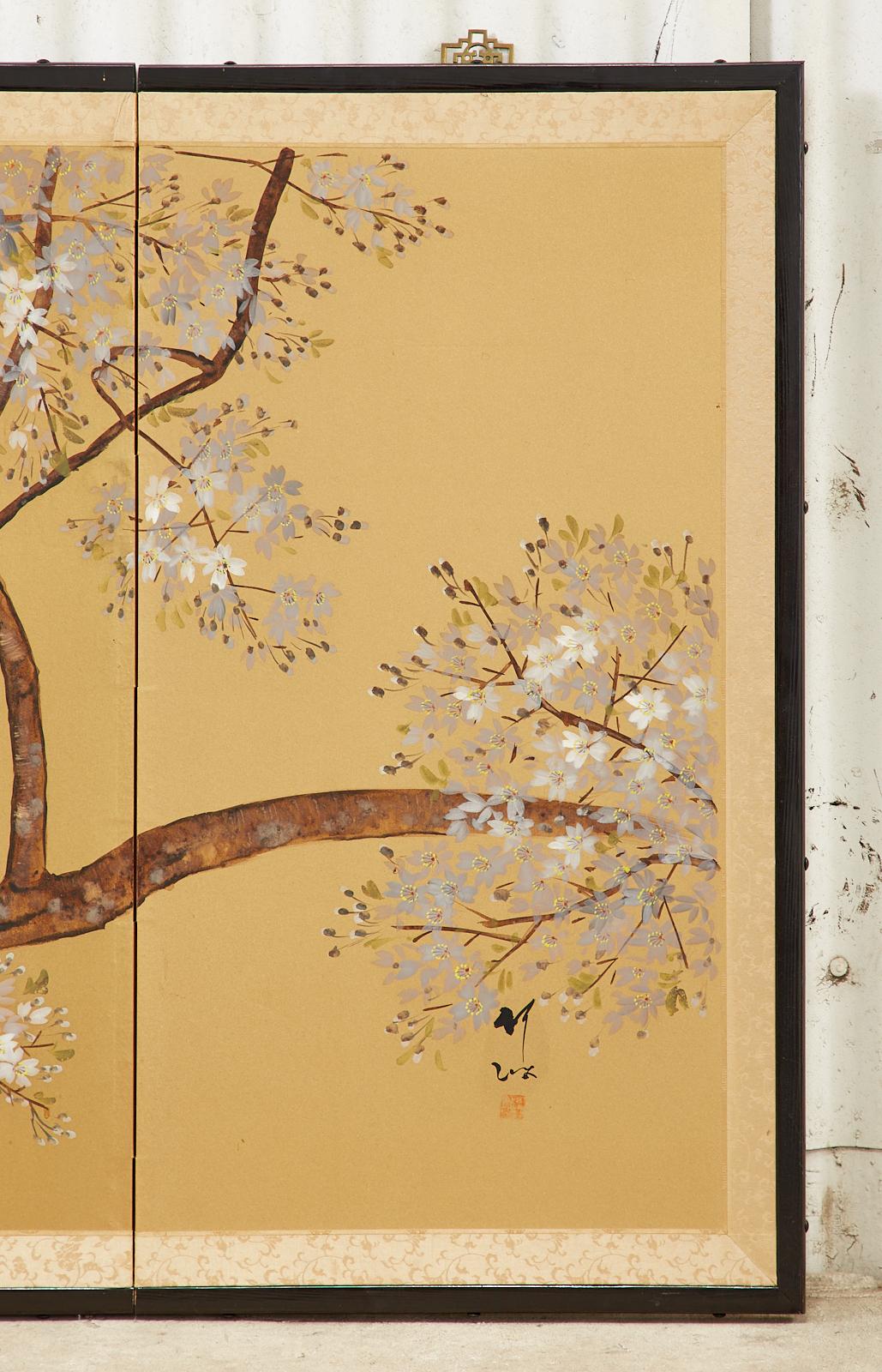 Japanese Showa Four Panel Screen Songbirds in Cherry Blossoms 2