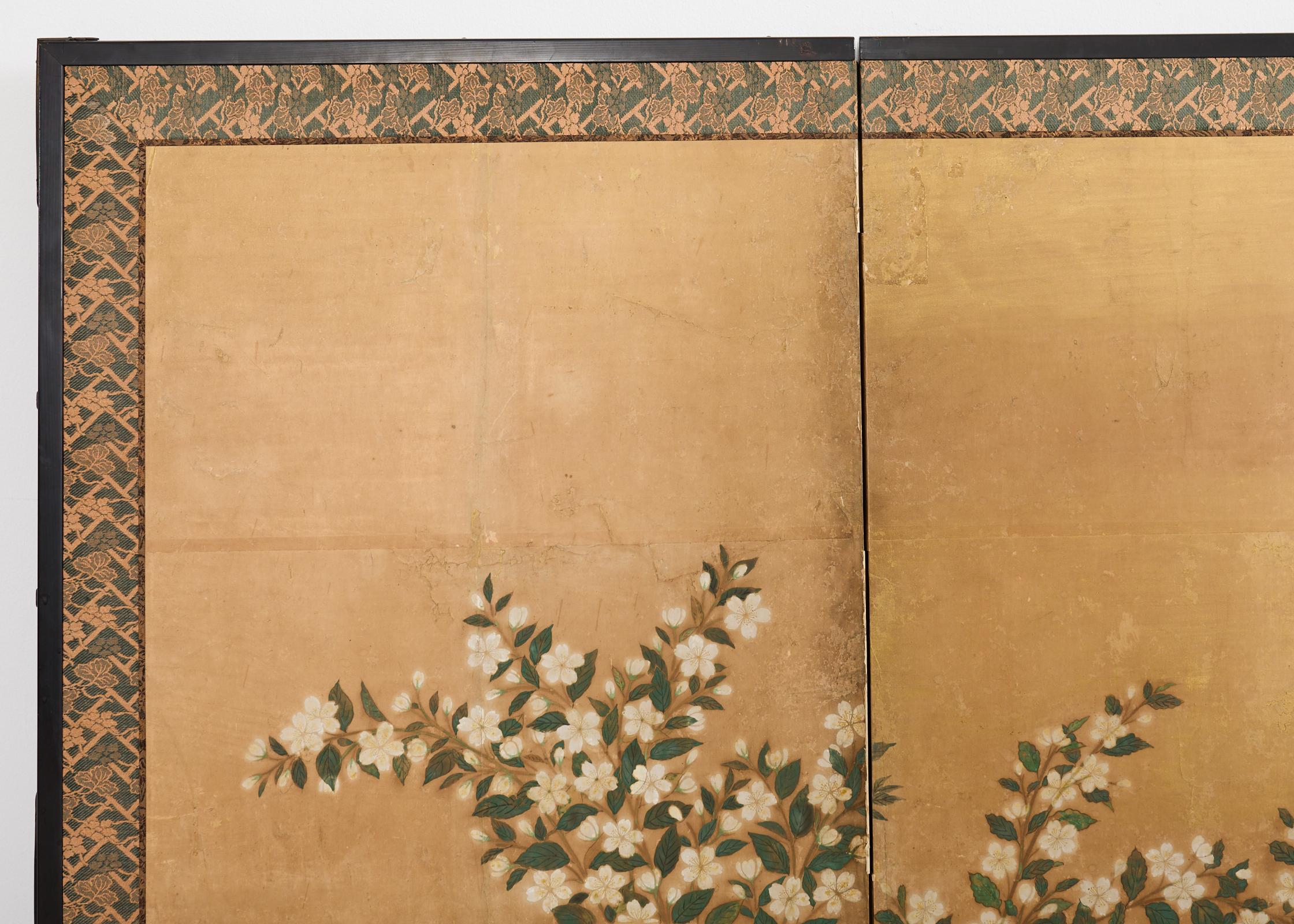 Japanese Showa Four Panel Screen Spring Flowers on Gilt For Sale 4