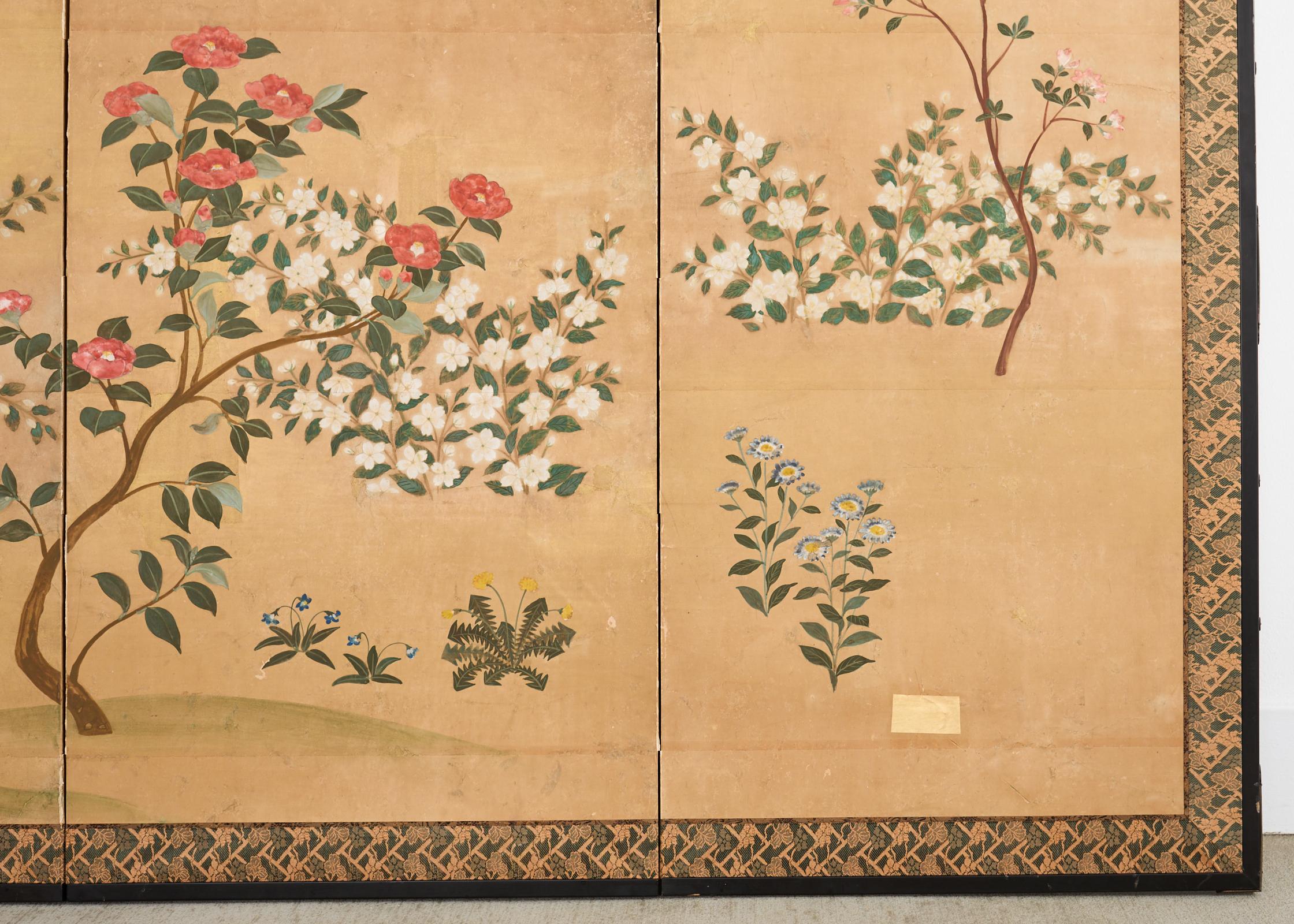 Japanese Showa Four Panel Screen Spring Flowers on Gilt For Sale 6
