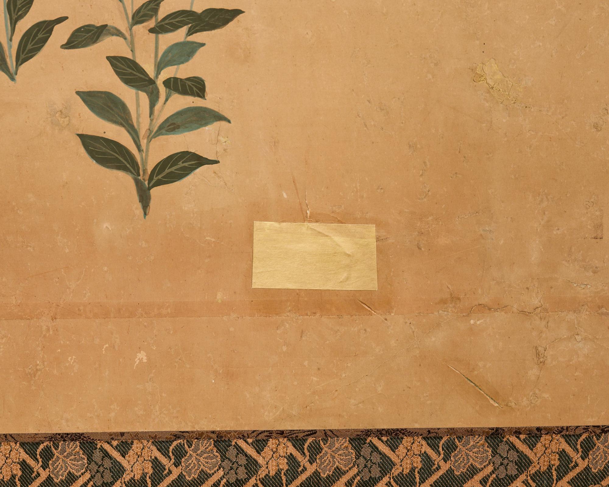 Japanese Showa Four Panel Screen Spring Flowers on Gilt For Sale 7