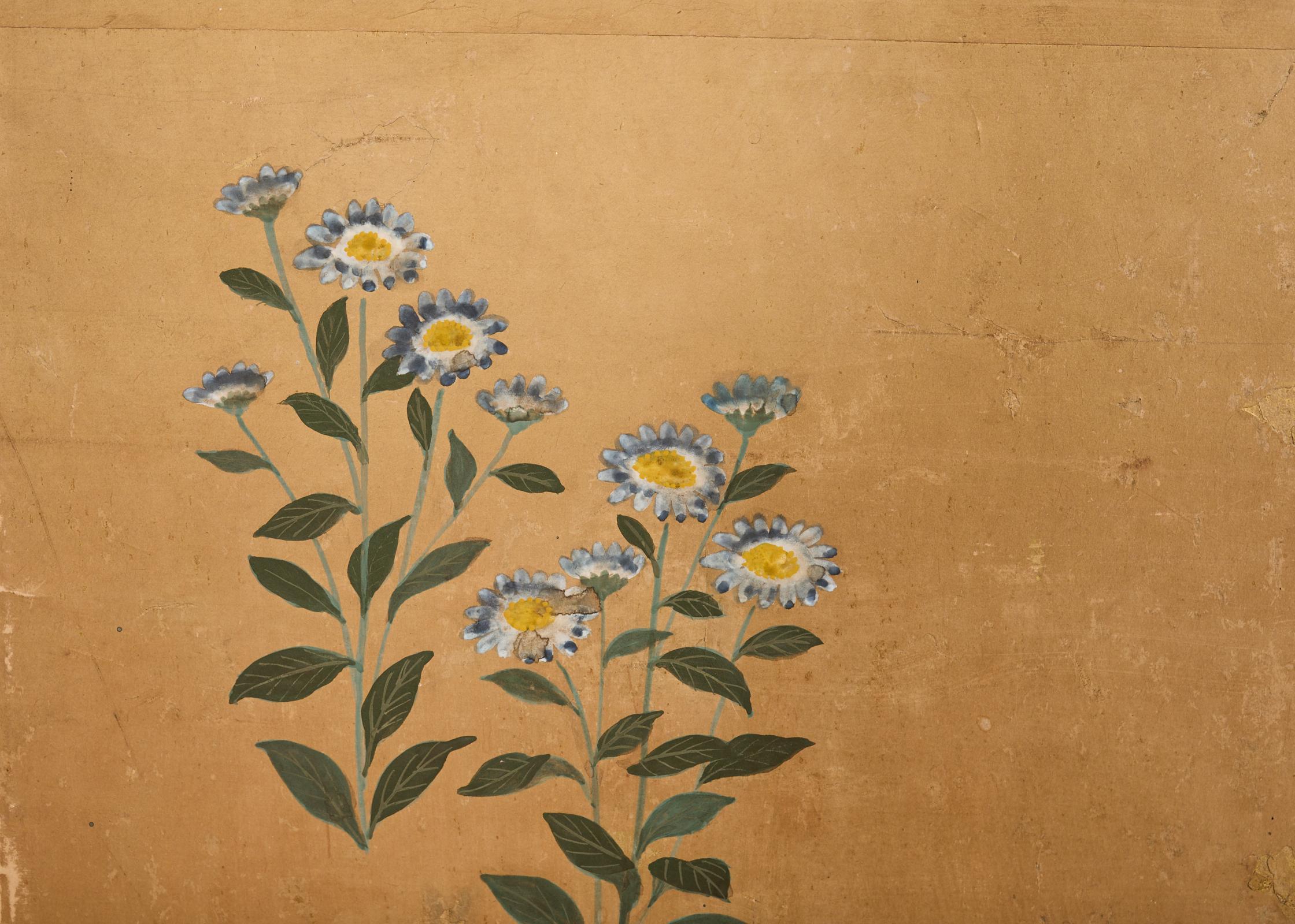 Japanese Showa Four Panel Screen Spring Flowers on Gilt For Sale 8