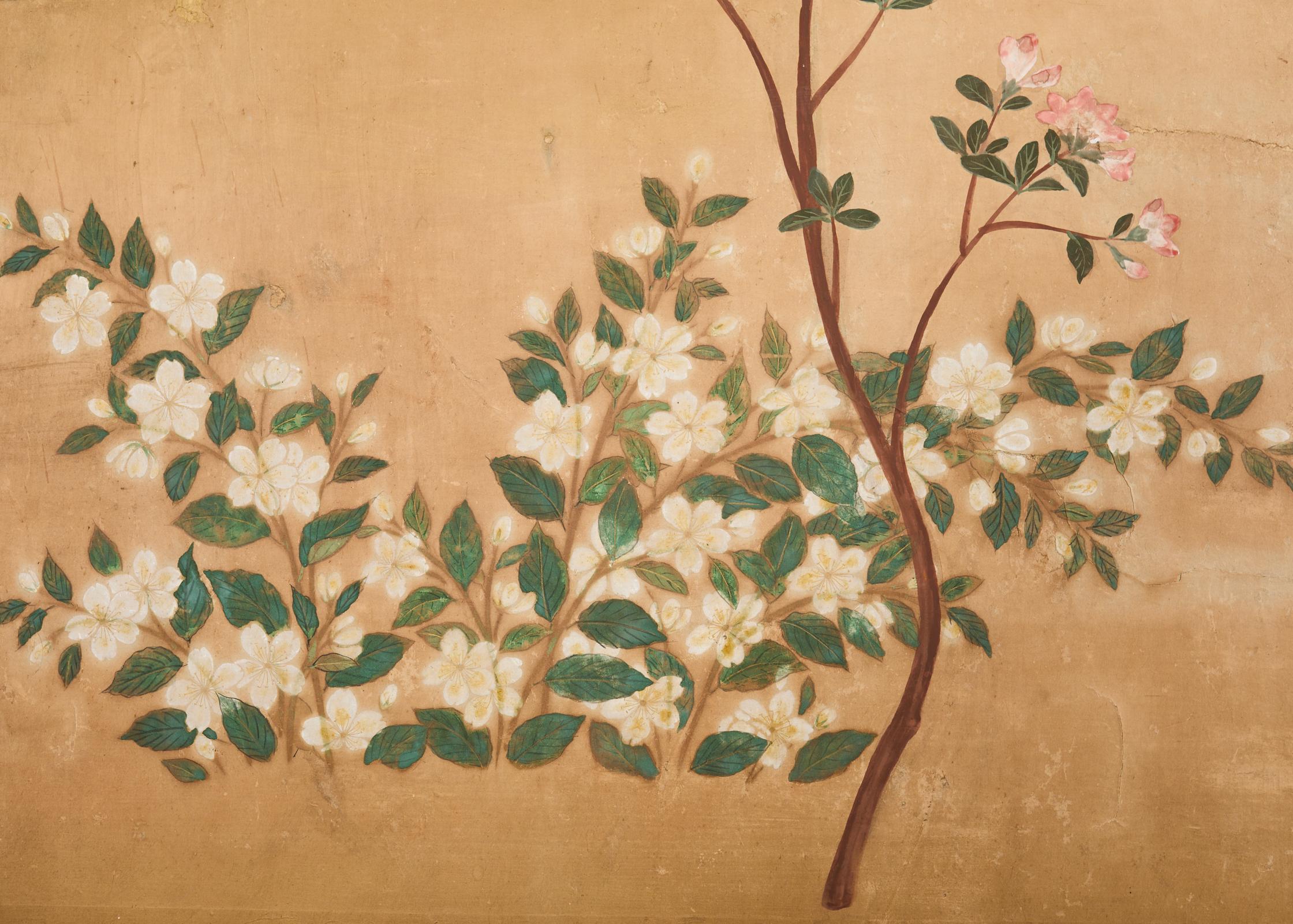 Japanese Showa Four Panel Screen Spring Flowers on Gilt For Sale 9