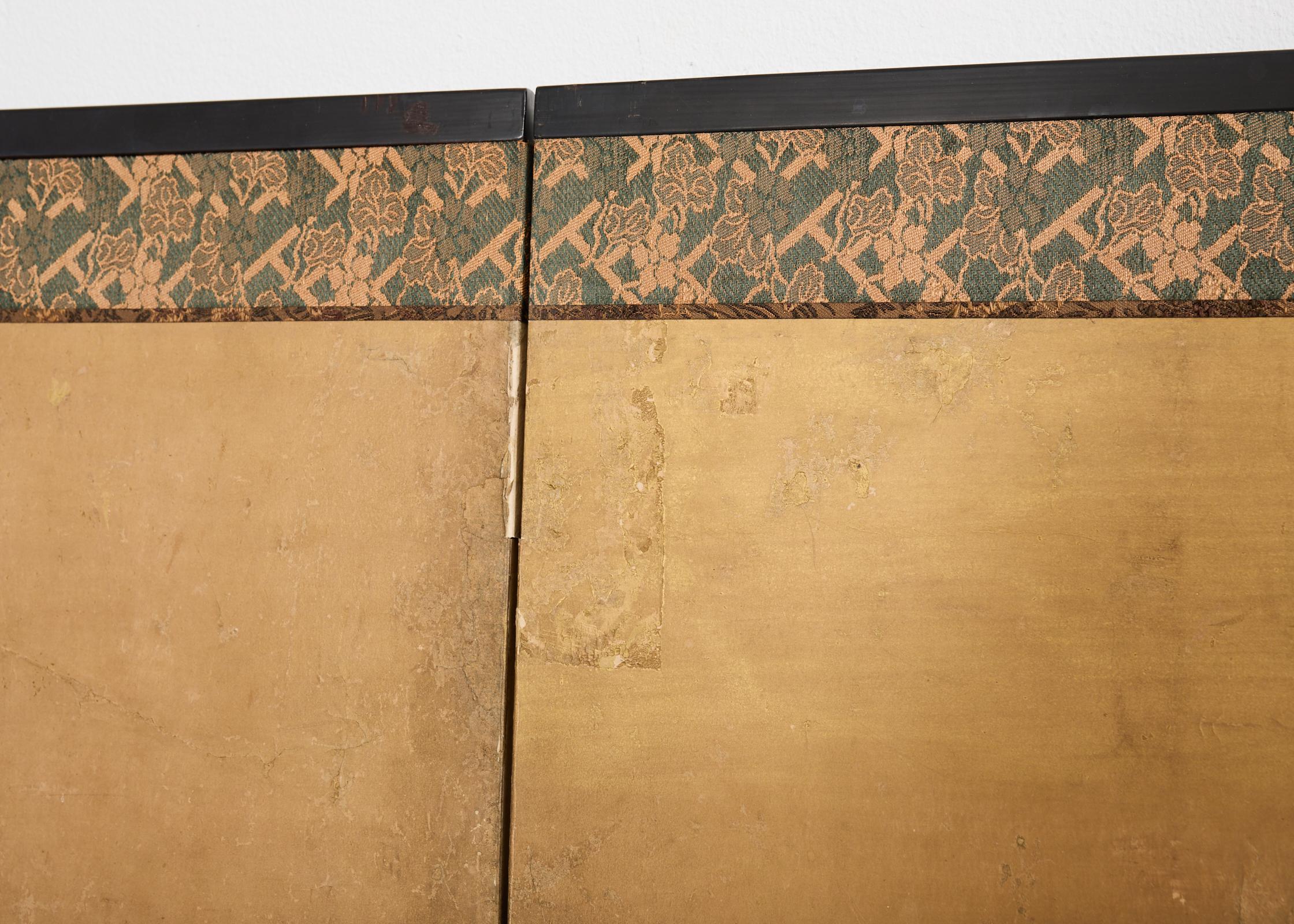 Japanese Showa Four Panel Screen Spring Flowers on Gilt For Sale 10
