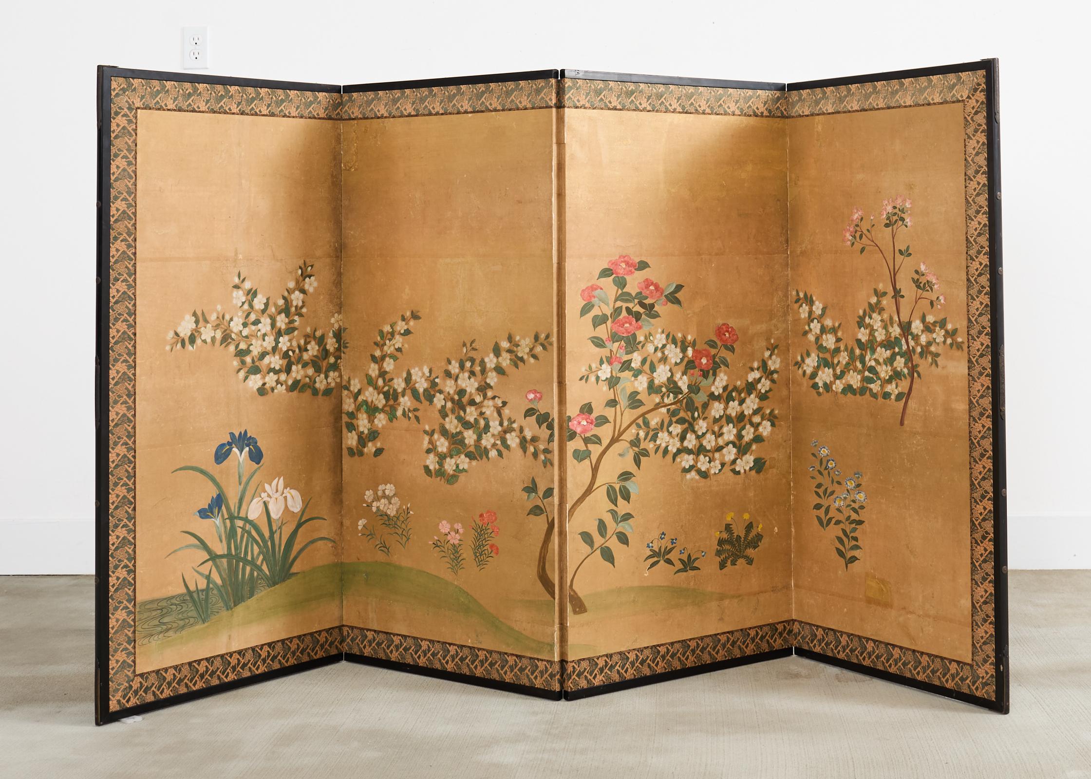 Japanese Showa Four Panel Screen Spring Flowers on Gilt For Sale 11