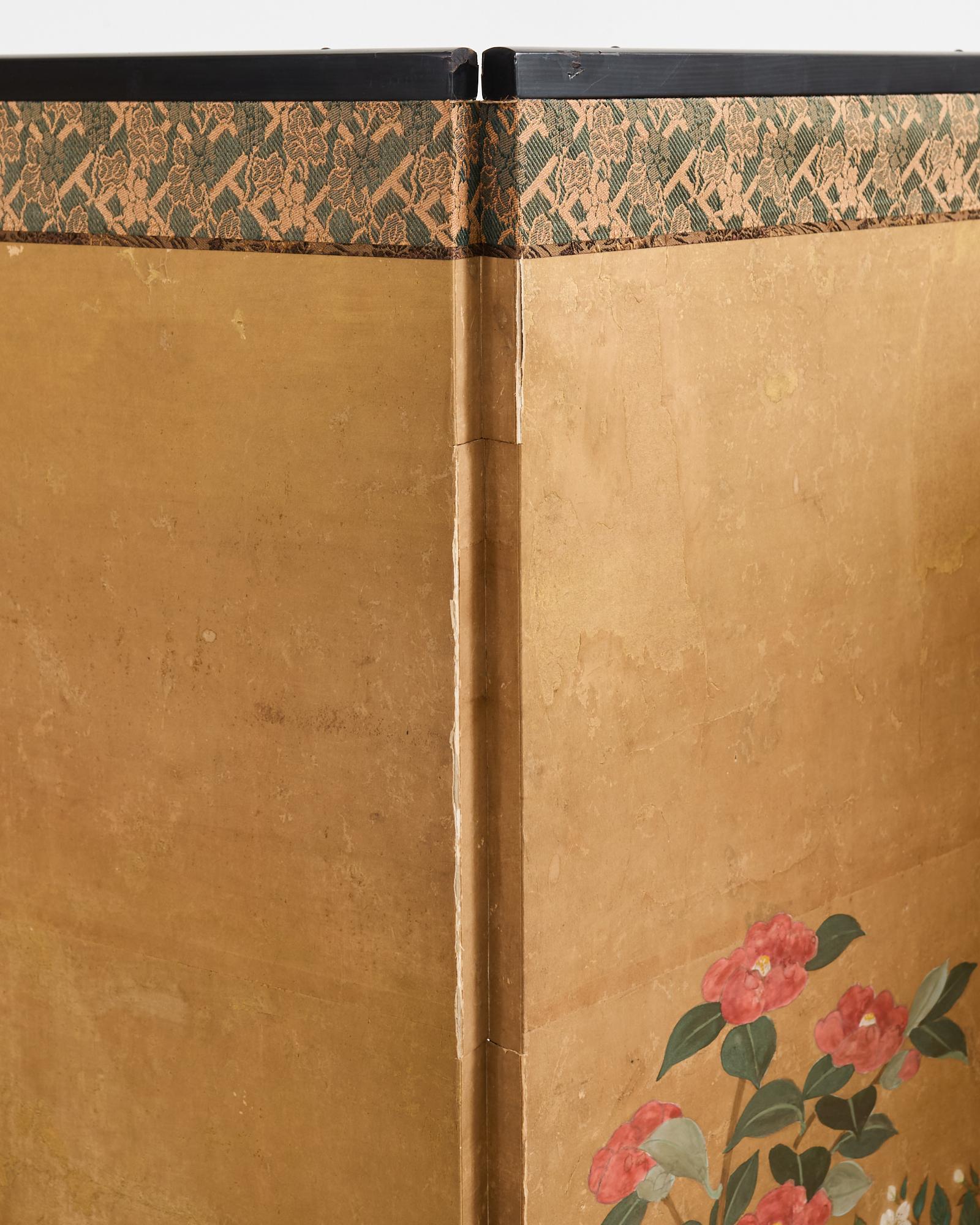 Japanese Showa Four Panel Screen Spring Flowers on Gilt For Sale 12
