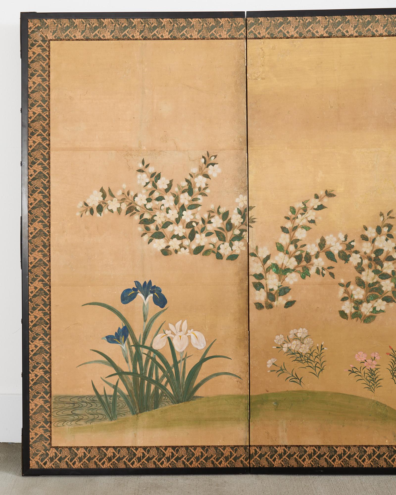 Hand-Crafted Japanese Showa Four Panel Screen Spring Flowers on Gilt For Sale