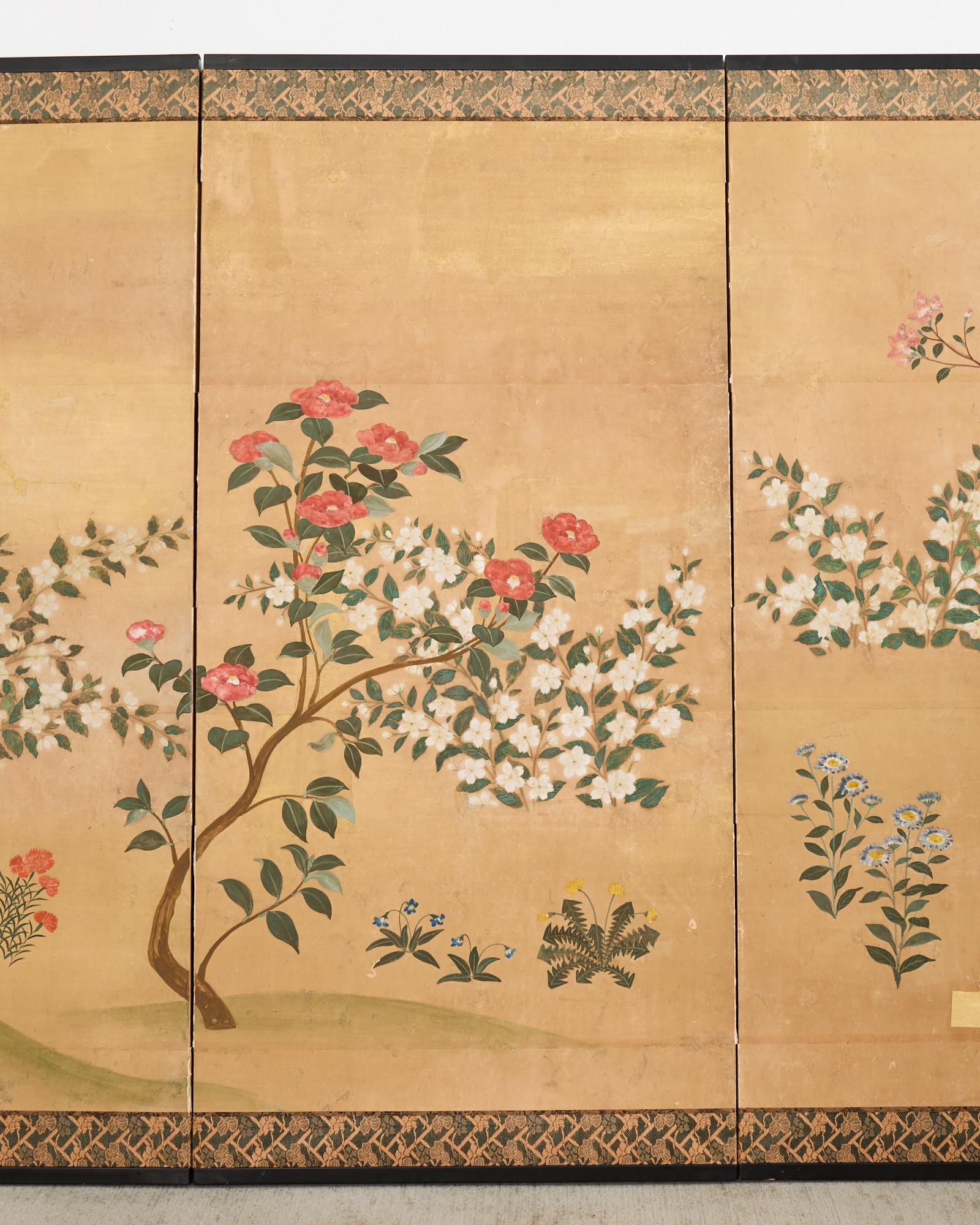 20th Century Japanese Showa Four Panel Screen Spring Flowers on Gilt For Sale