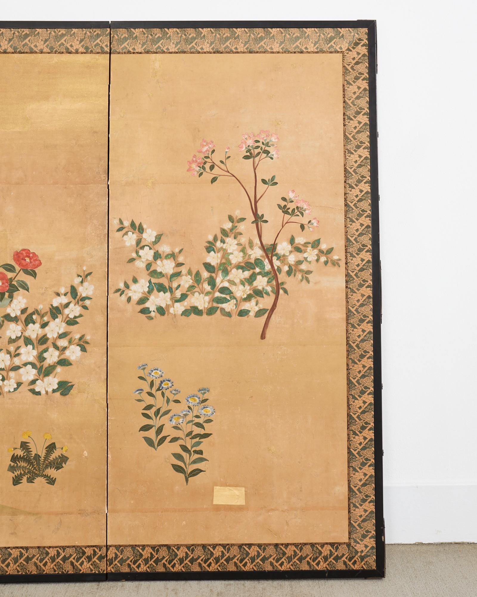 Brass Japanese Showa Four Panel Screen Spring Flowers on Gilt For Sale