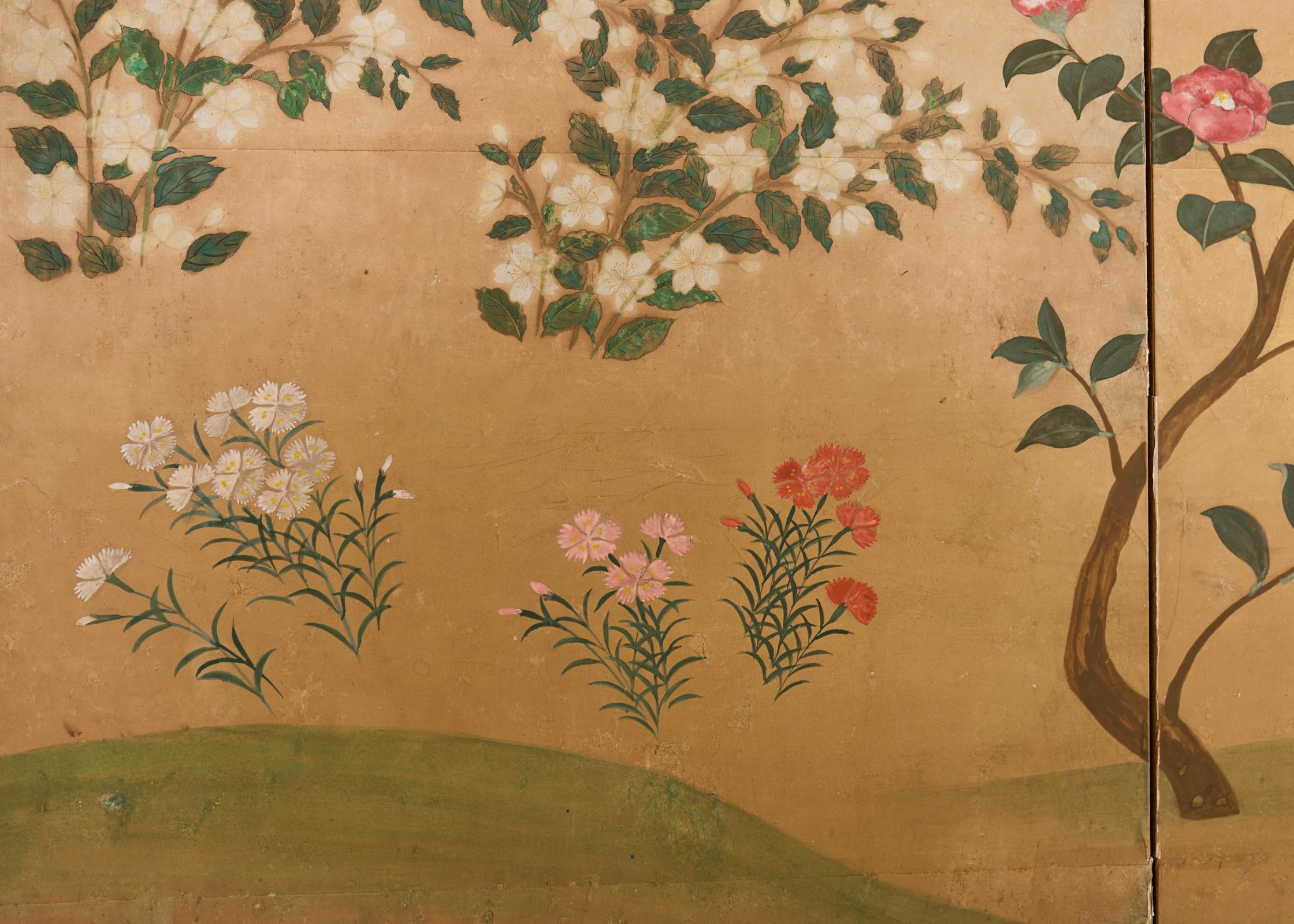 Japanese Showa Four Panel Screen Spring Flowers on Gilt For Sale 3